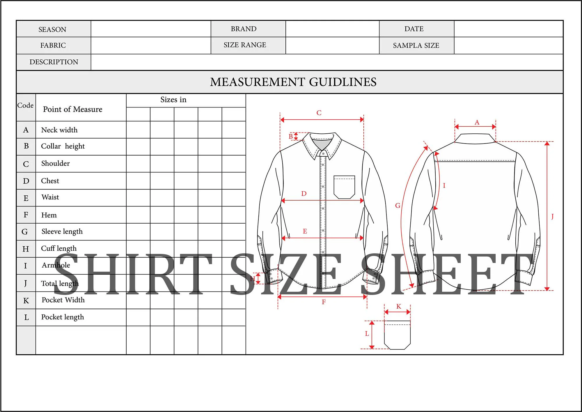 Shirt Tech Pack Template: Measurement Guide, Flat Sketch (Digital Download)