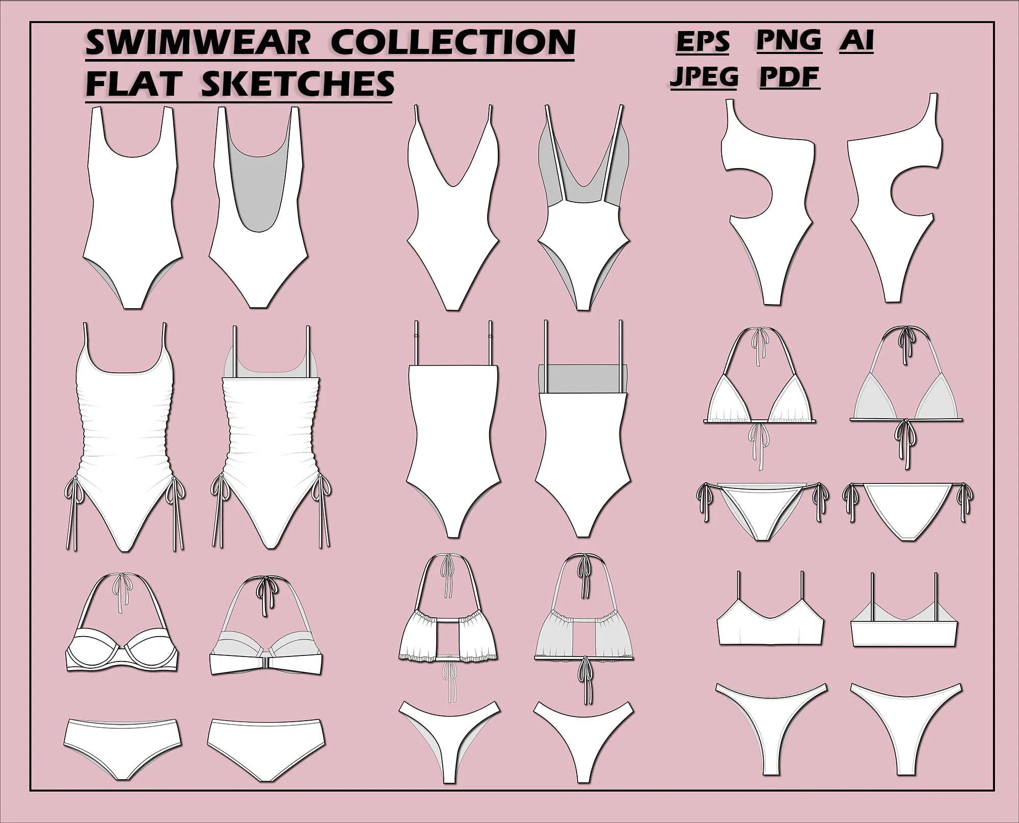 Swimsuits set bundle vector -bikini fashion flat sketch for adobe illustrator - technical drawing - bikini template - womens swimsuit sketch
