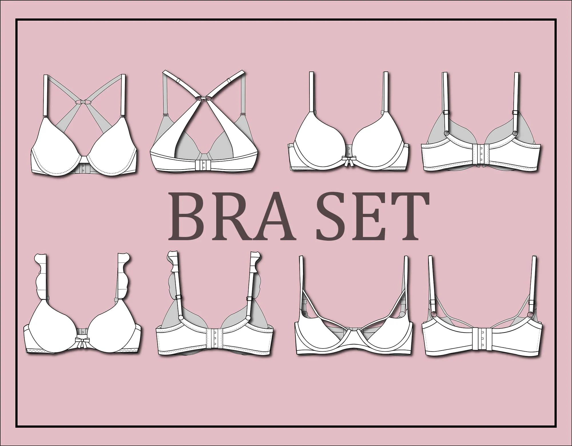 Bra set bundle vector- bra vector -fashion flat sketch for adobe illustrator - technical drawing -bra templates - lingerie flat sketches