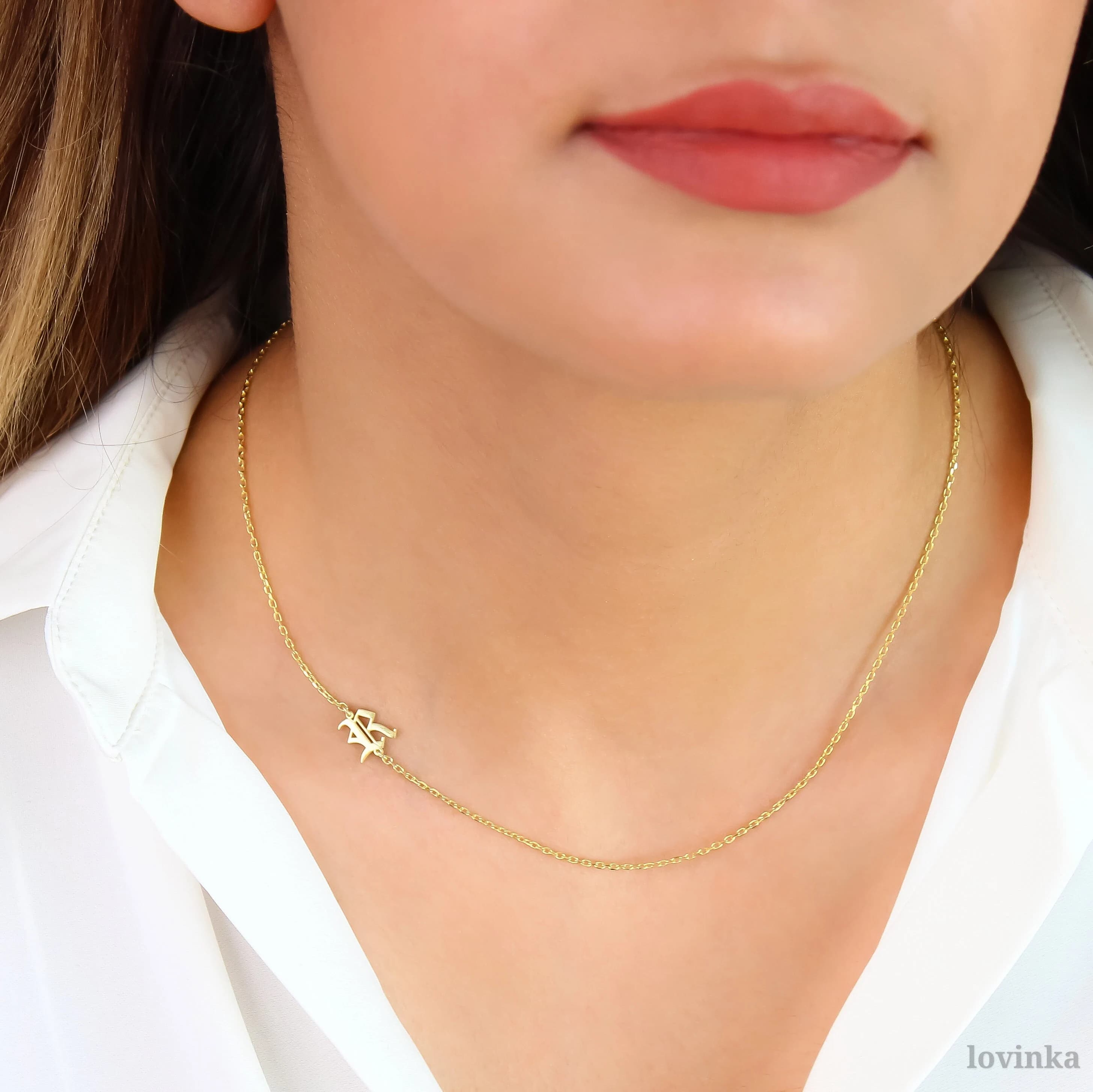 14K Gold Sideways Initial Necklace, Gothic Letter Pendant, Dainty Personalized Necklace, Custom Gift for Her, Lovinka Jewelry,LVK20 - image 4
