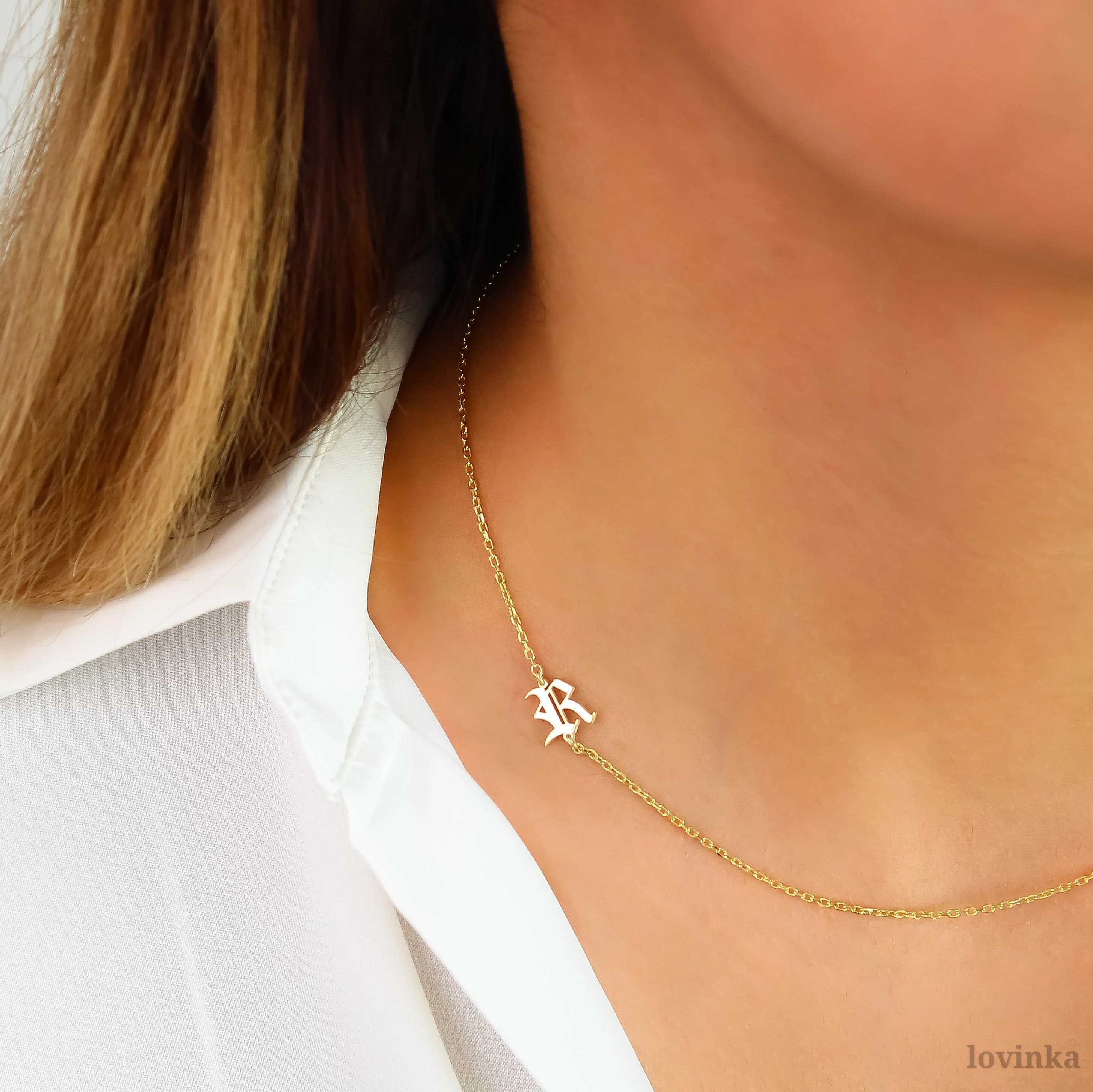 14K Gold Sideways Initial Necklace, Gothic Letter Pendant, Dainty Personalized Necklace, Custom Gift for Her, Lovinka Jewelry,LVK20