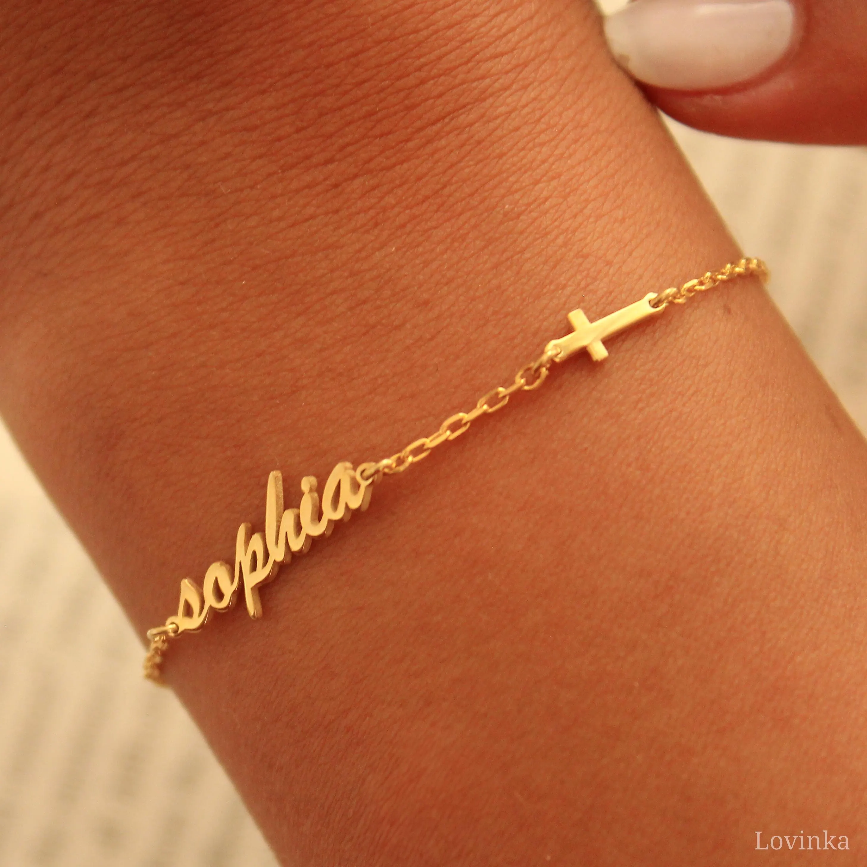 Personalized Name Bracelet with Cross - Custom Name Jewelry - Minimalist Gift For Her