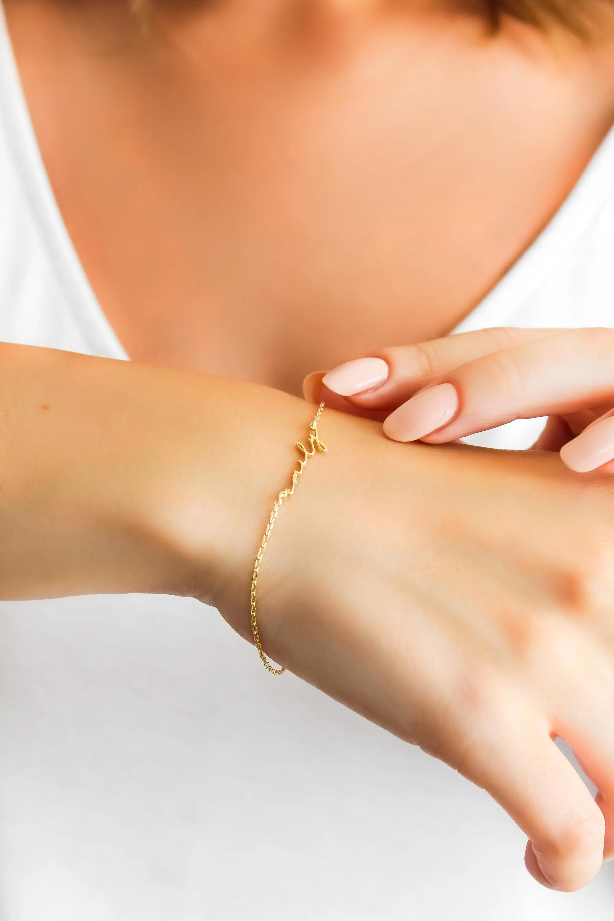 14K Solid Gold Name Bracelet,Real Gold Personalized Bracelet, Custom Name Bracelet, Dainty Layering Bracelet, Handmade Jewelry,Gift for Mom - image 2