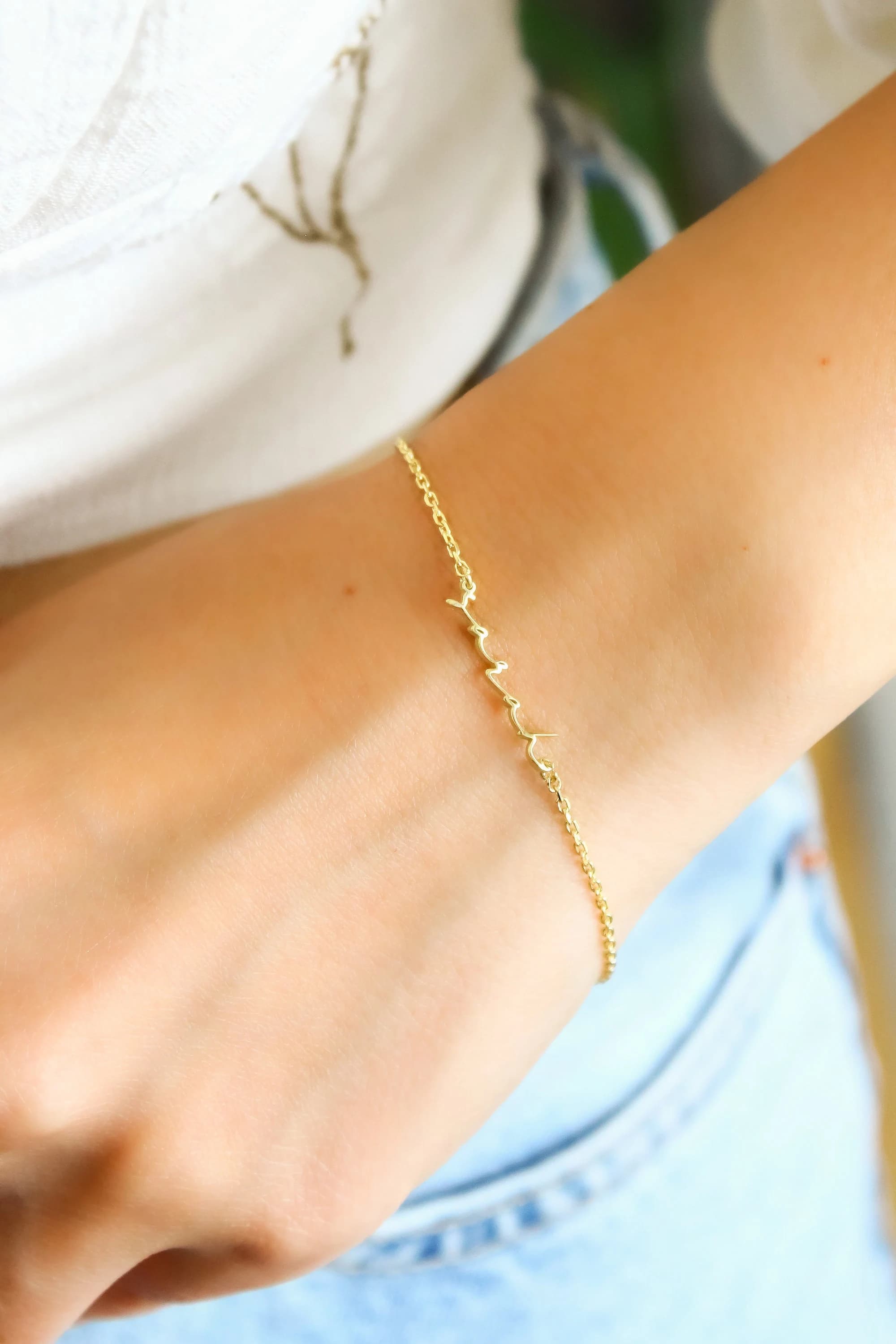 14K Solid Gold Name Bracelet,Real Gold Personalized Bracelet, Custom Name Bracelet, Dainty Layering Bracelet, Handmade Jewelry,Gift for Mom - image 5