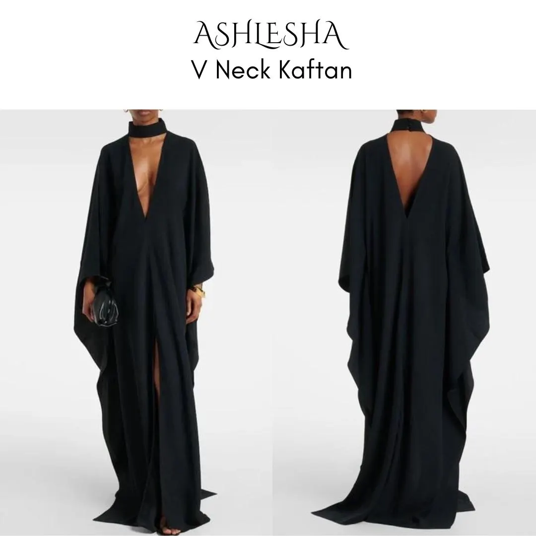 Made-to-Measure V Neck Kaftan Styled Dress: Custom Color, Size, Length, Slit/No Slit - Shiny or Matte