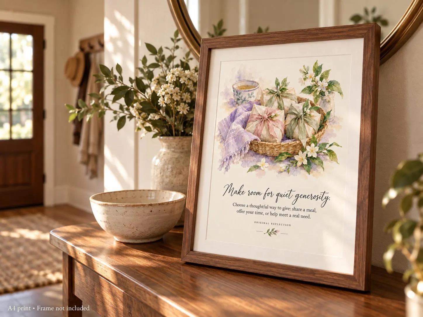 Quiet Generosity A4 print displayed in a lifestyle room. Frame and accessories not included.