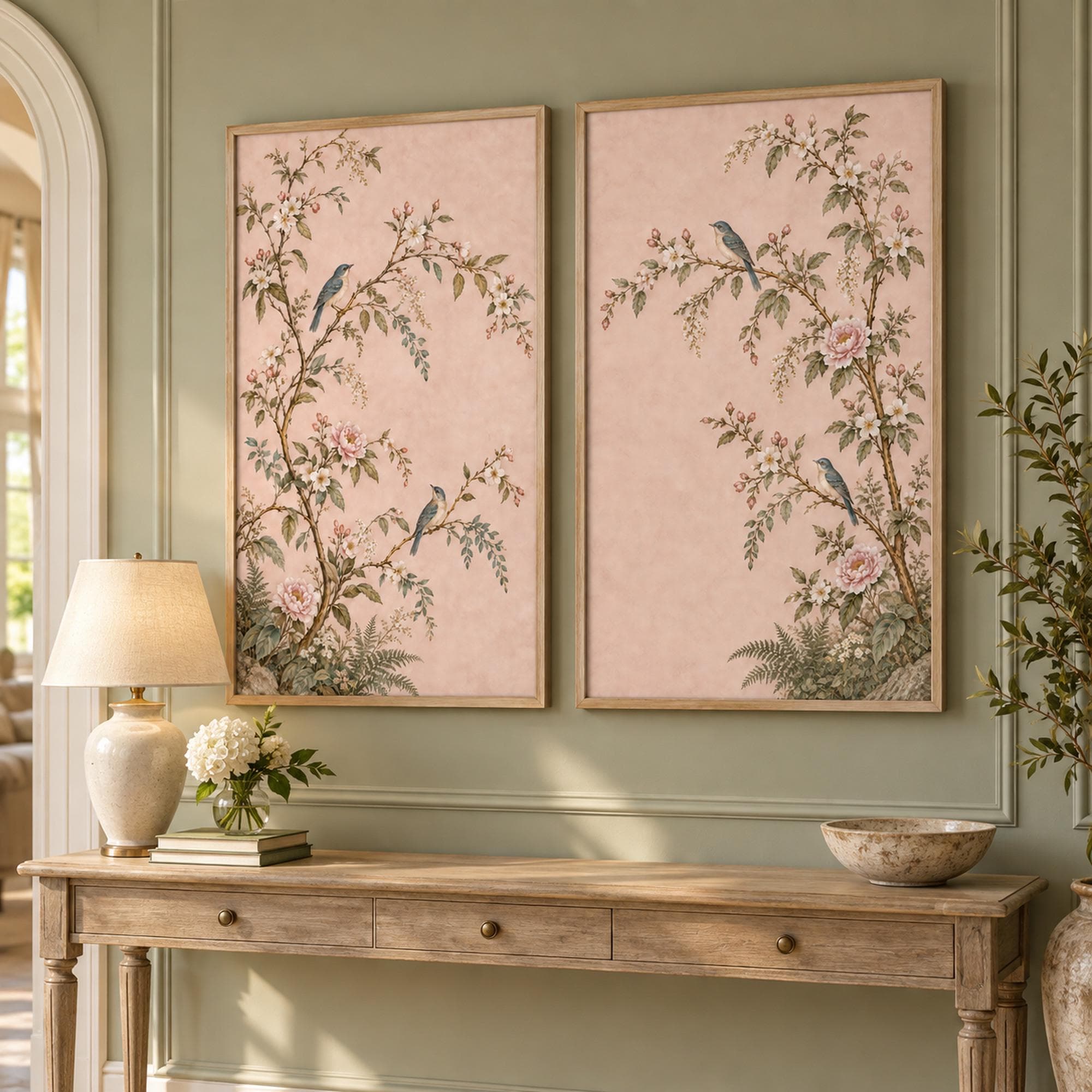 Pink Chinoiserie Wall Art Set of 2, Gold-Accent Botanical Bird Prints A1 A3 B1 - image 4