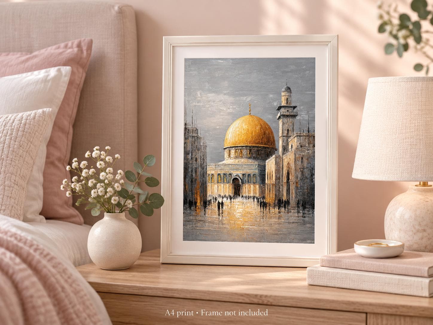 Dome of the Rock Jerusalem A4 print displayed in a lifestyle room. Frame and accessories not included.