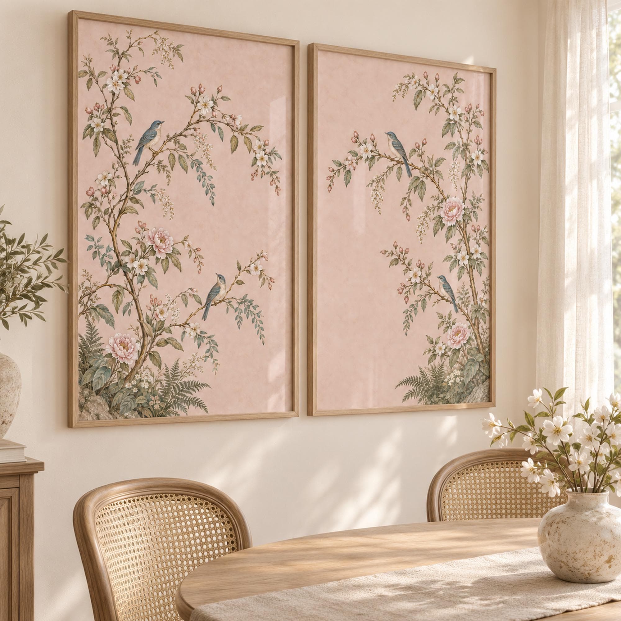 Pink Chinoiserie Wall Art Set of 2, Gold-Accent Botanical Bird Prints A1 A3 B1 - image 5
