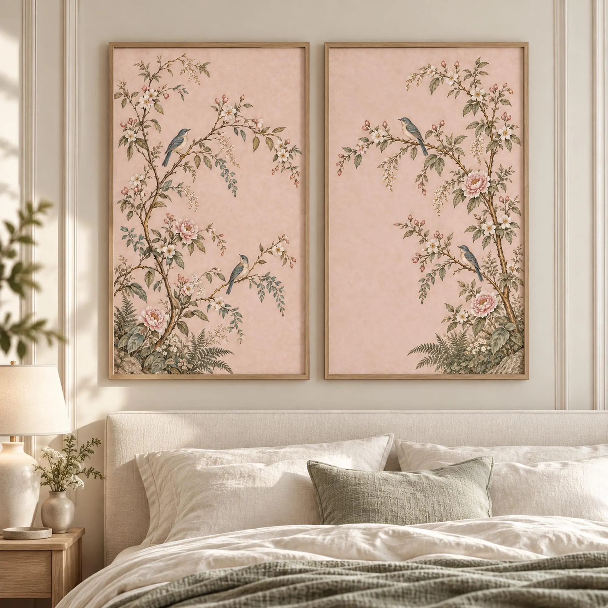 Pink Chinoiserie Wall Art Set of 2, Gold-Accent Botanical Bird Prints A1 A3 B1 - image 3