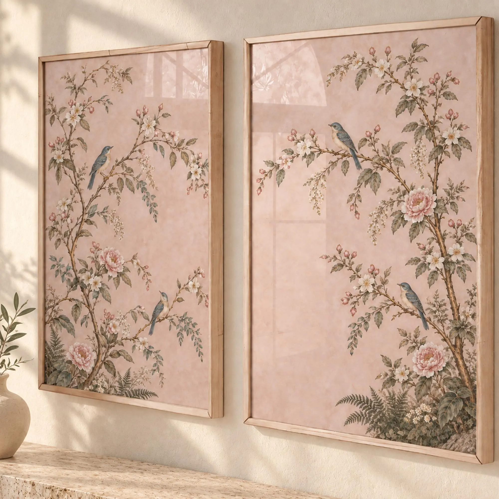 Pink Chinoiserie Wall Art Set of 2, Gold-Accent Botanical Bird Prints A1 A3 B1