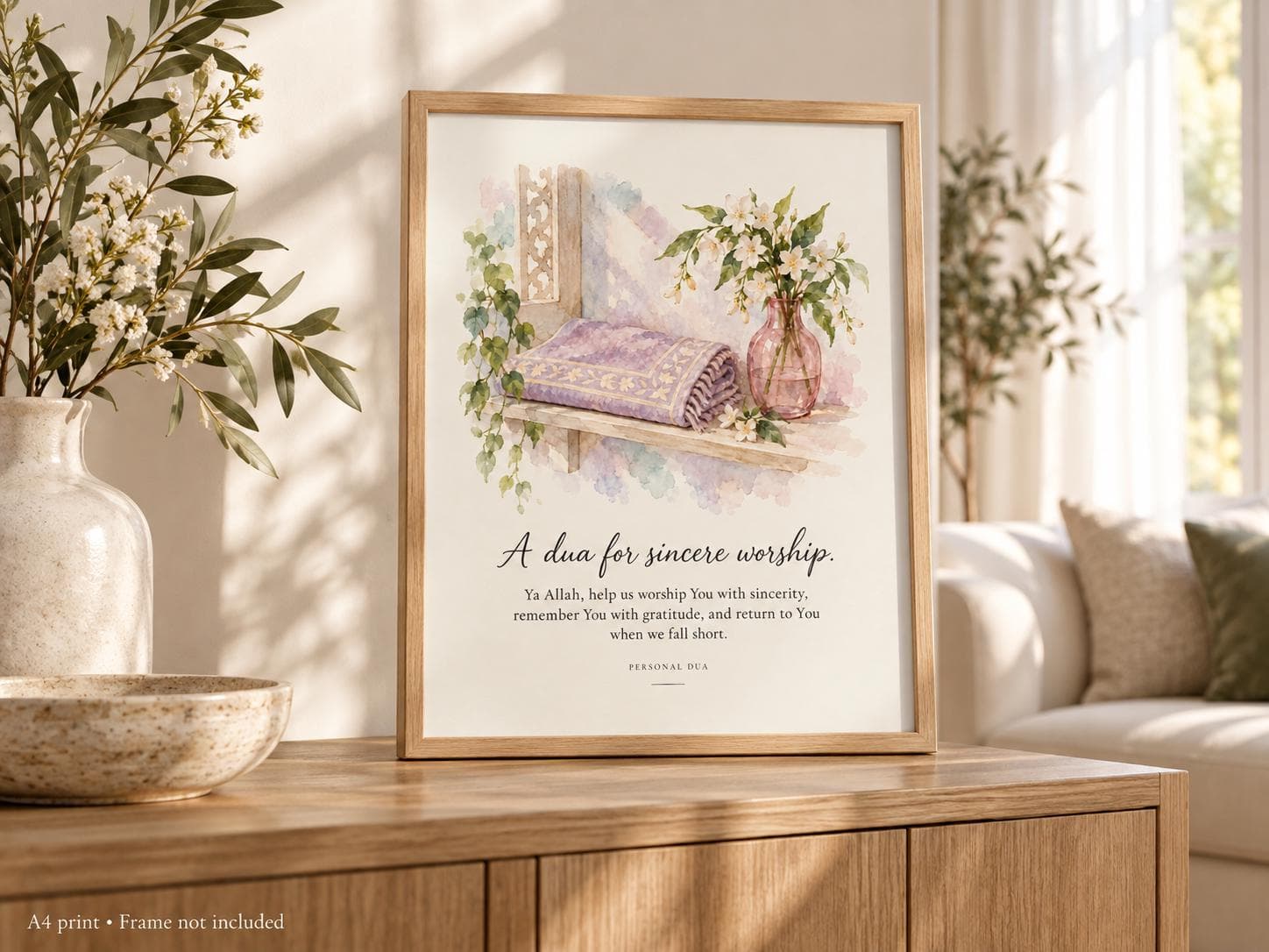 Sincere Worship Dua Art Print, Lilac Prayer Mat and Jasmine, A4 Unframed