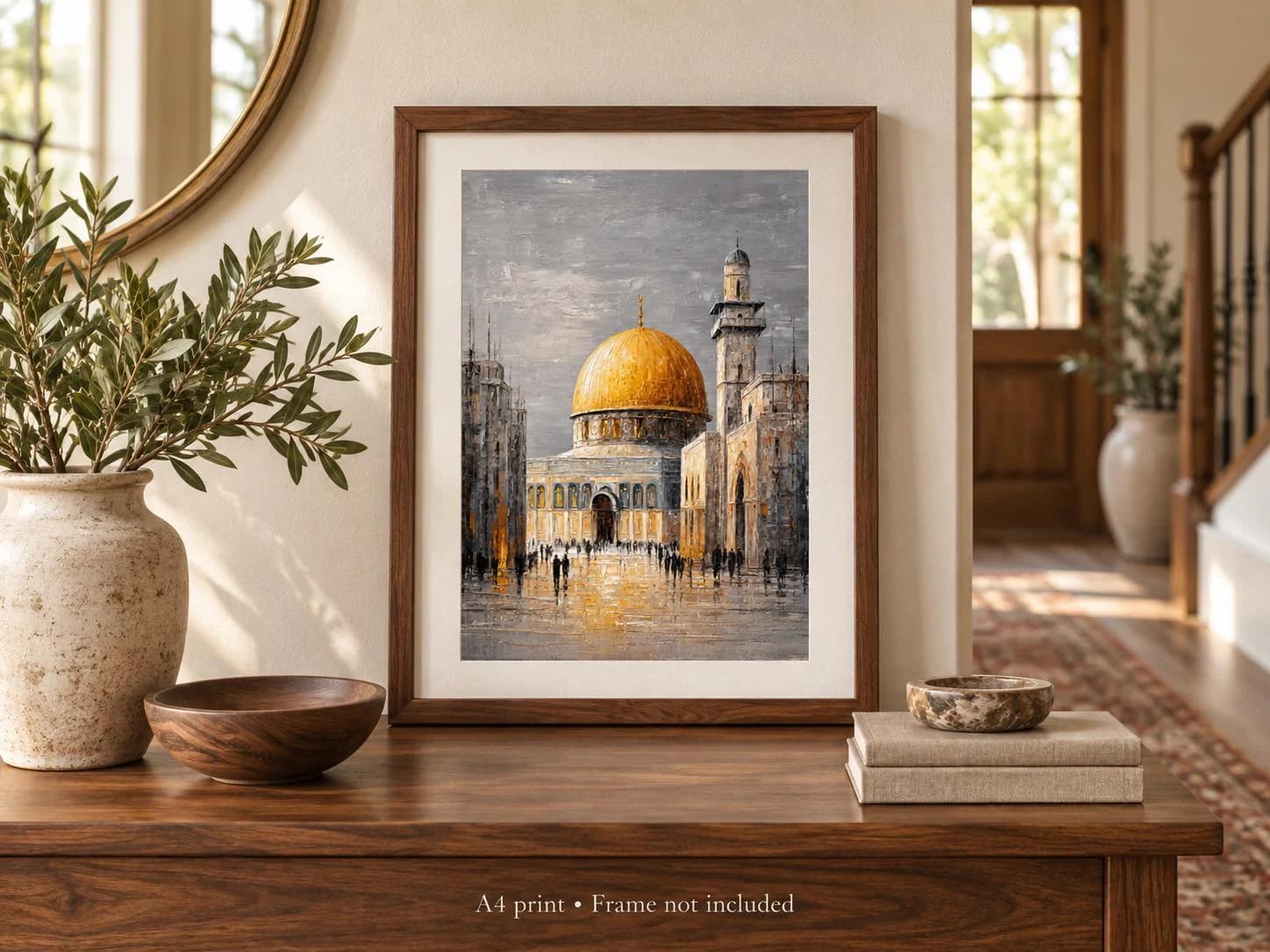 Dome of the Rock Jerusalem A4 print displayed in a lifestyle room. Frame and accessories not included.