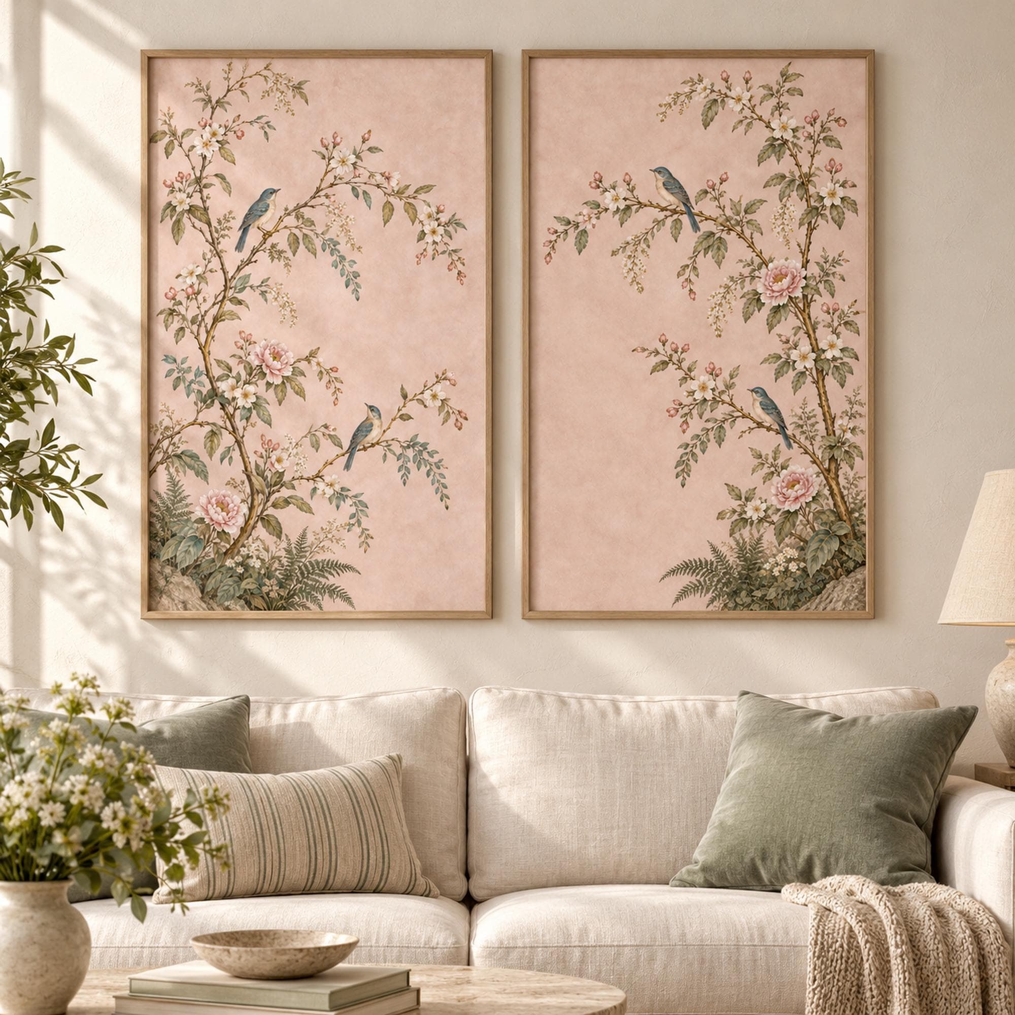 Pink Chinoiserie Wall Art Set of 2, Gold-Accent Botanical Bird Prints A1 A3 B1 - image 2