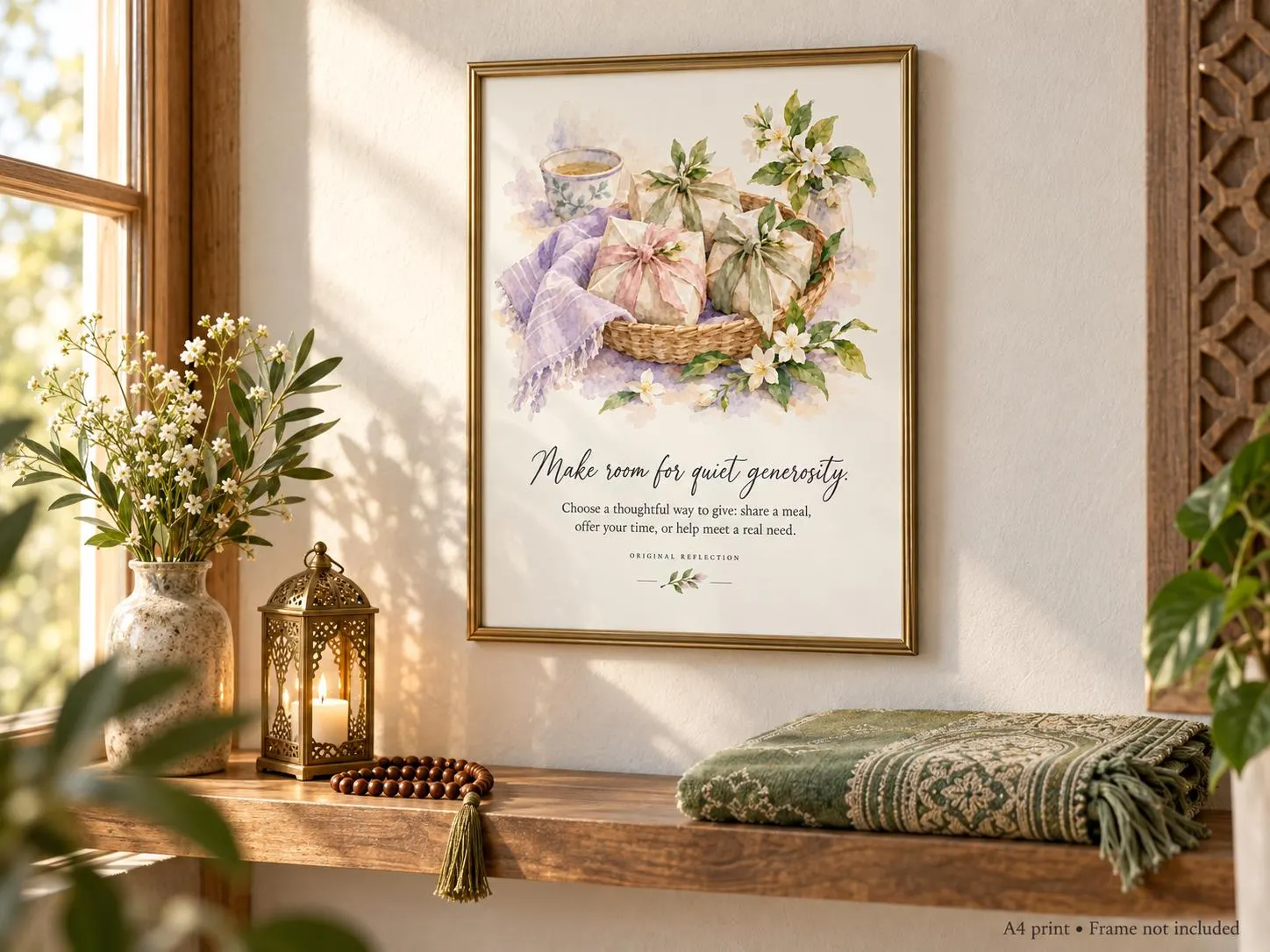 Quiet Generosity A4 print displayed in a lifestyle room. Frame and accessories not included.