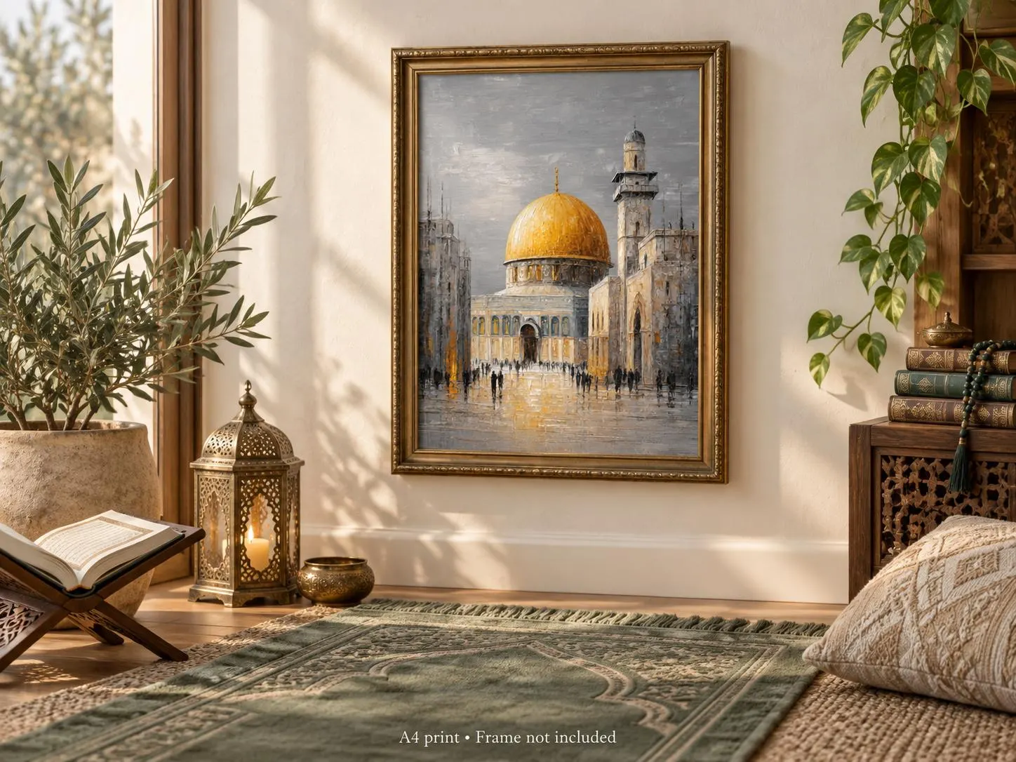 Dome of the Rock Jerusalem A4 print displayed in a lifestyle room. Frame and accessories not included.
