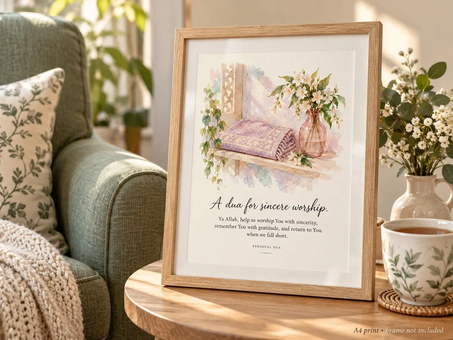 Dua for Sincere Worship A4 print displayed in a lifestyle room. Frame and accessories not included.
