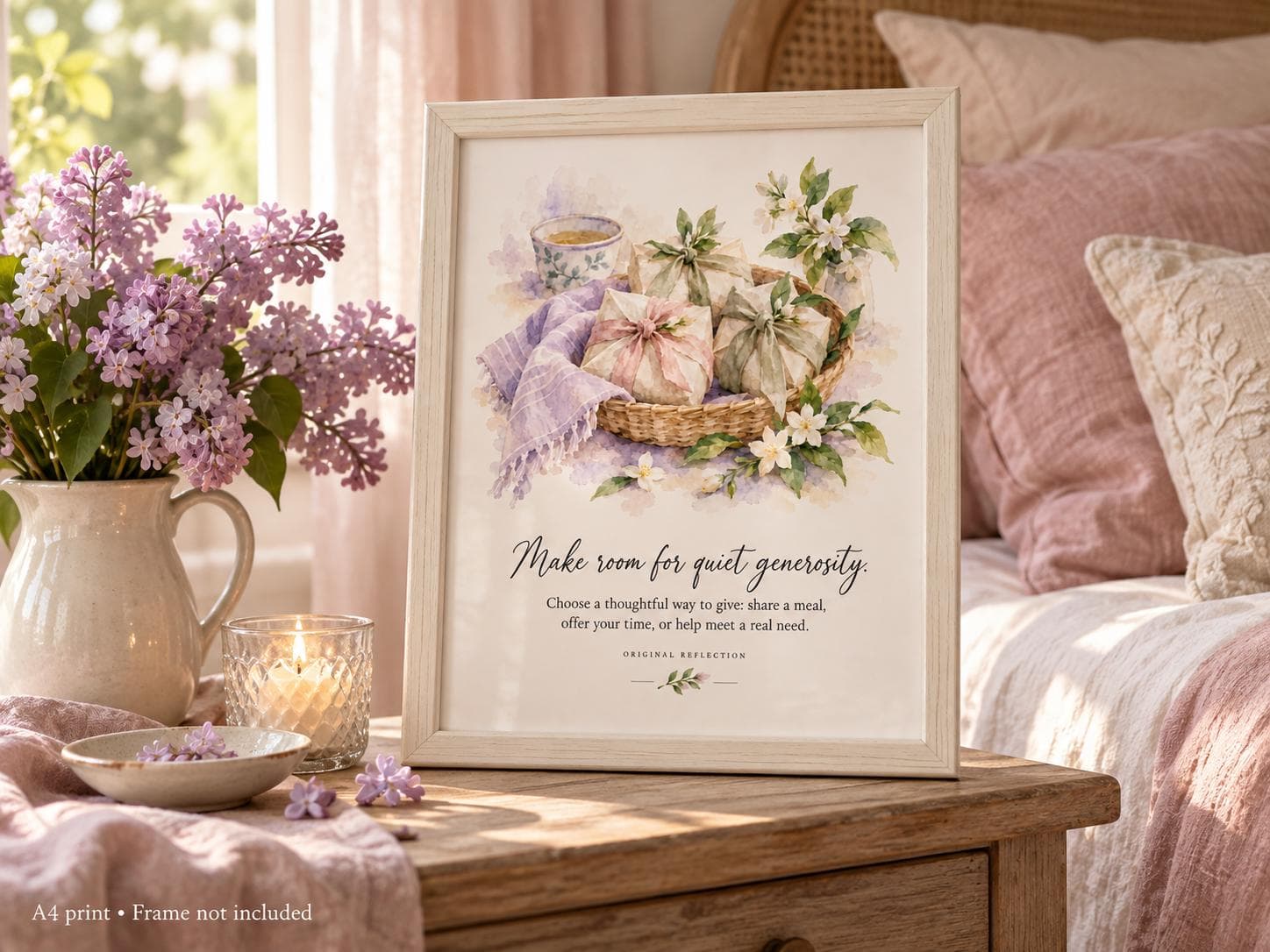Quiet Generosity A4 print displayed in a lifestyle room. Frame and accessories not included.