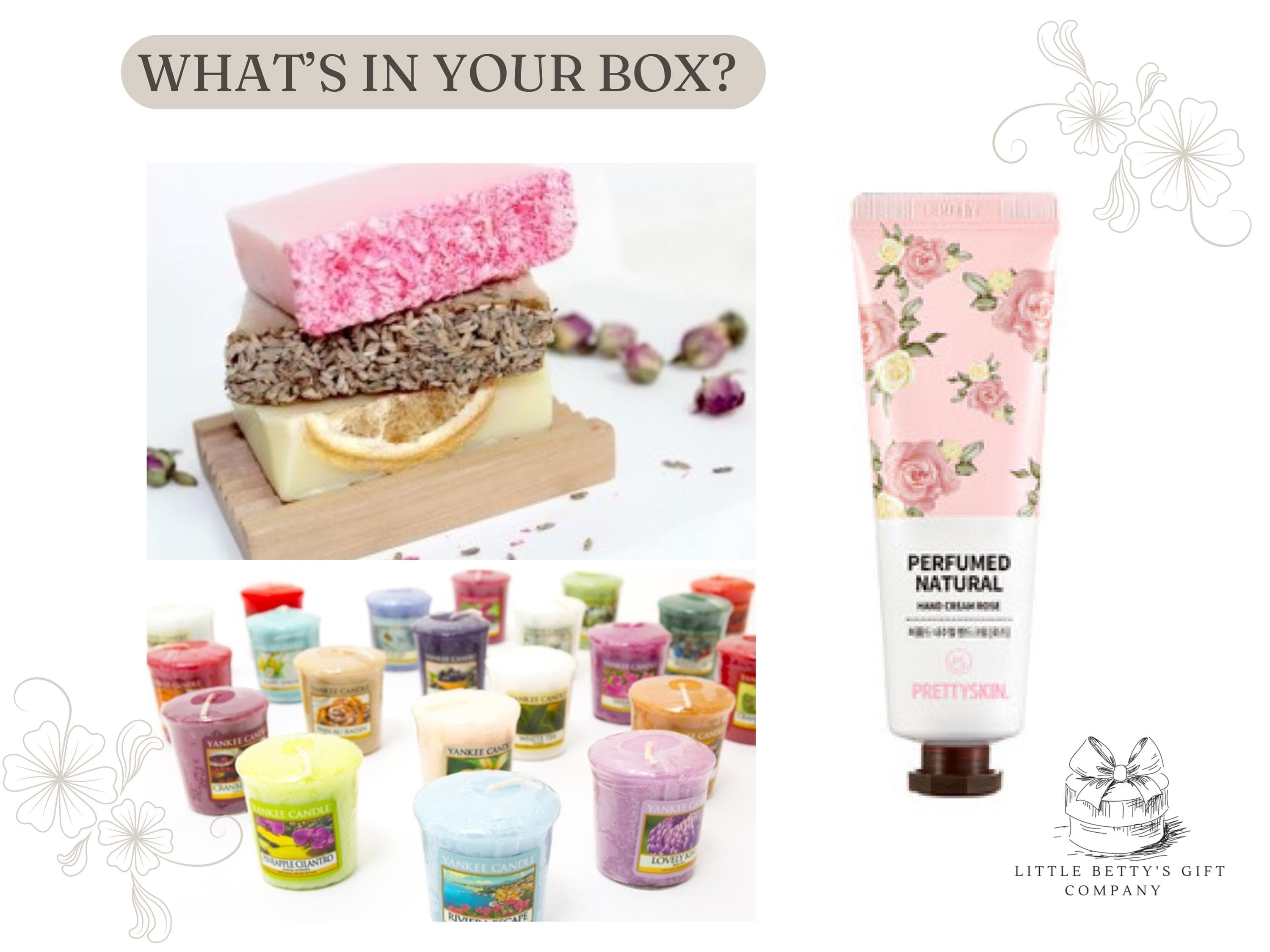 Details of whatis inside the box -  Yankee candle votive candle, handmade soap and handcream
