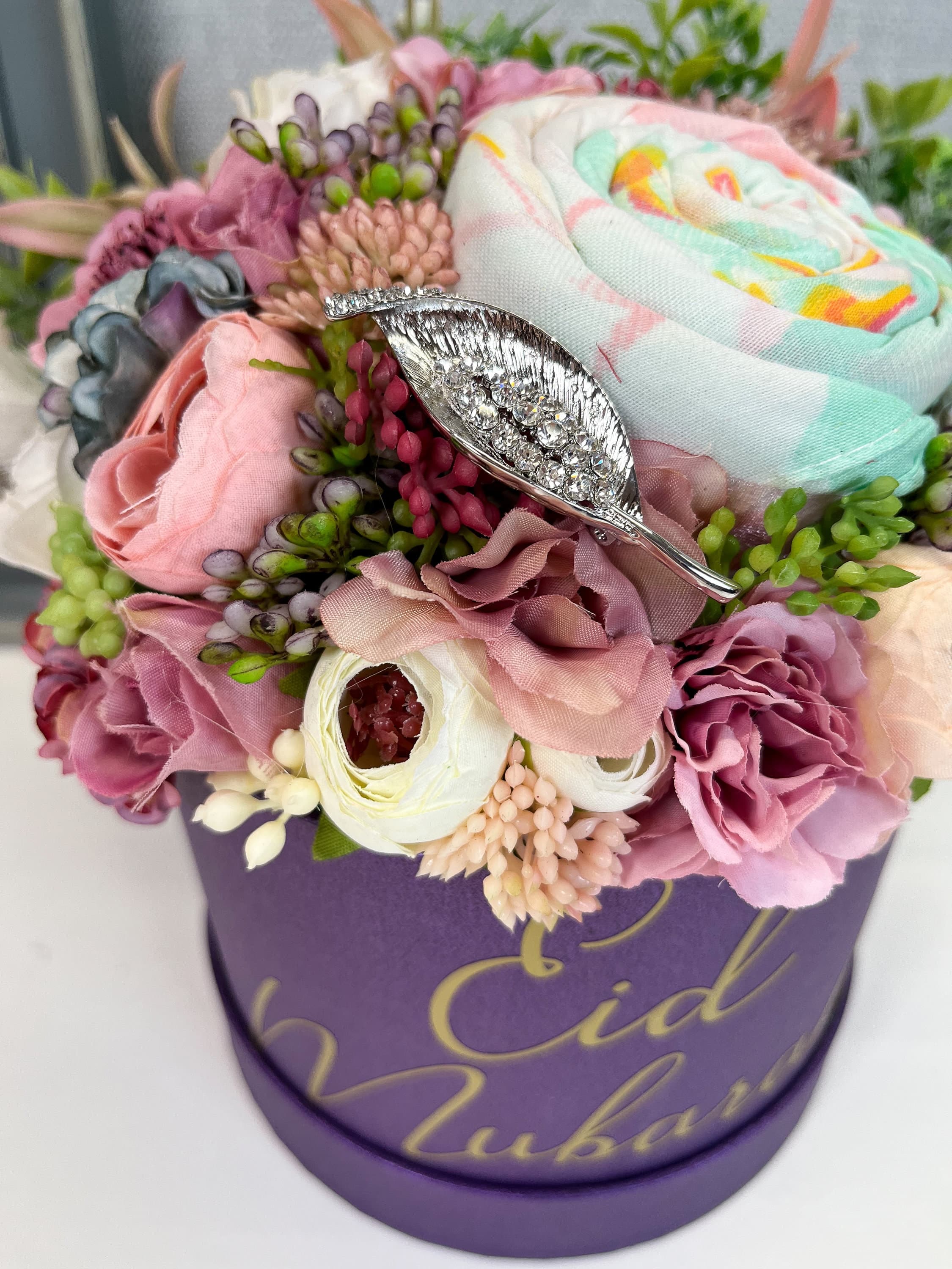 Personalised Eid Scarf Brooch Gift Set, Artificial Flowers Bouquet - image 4