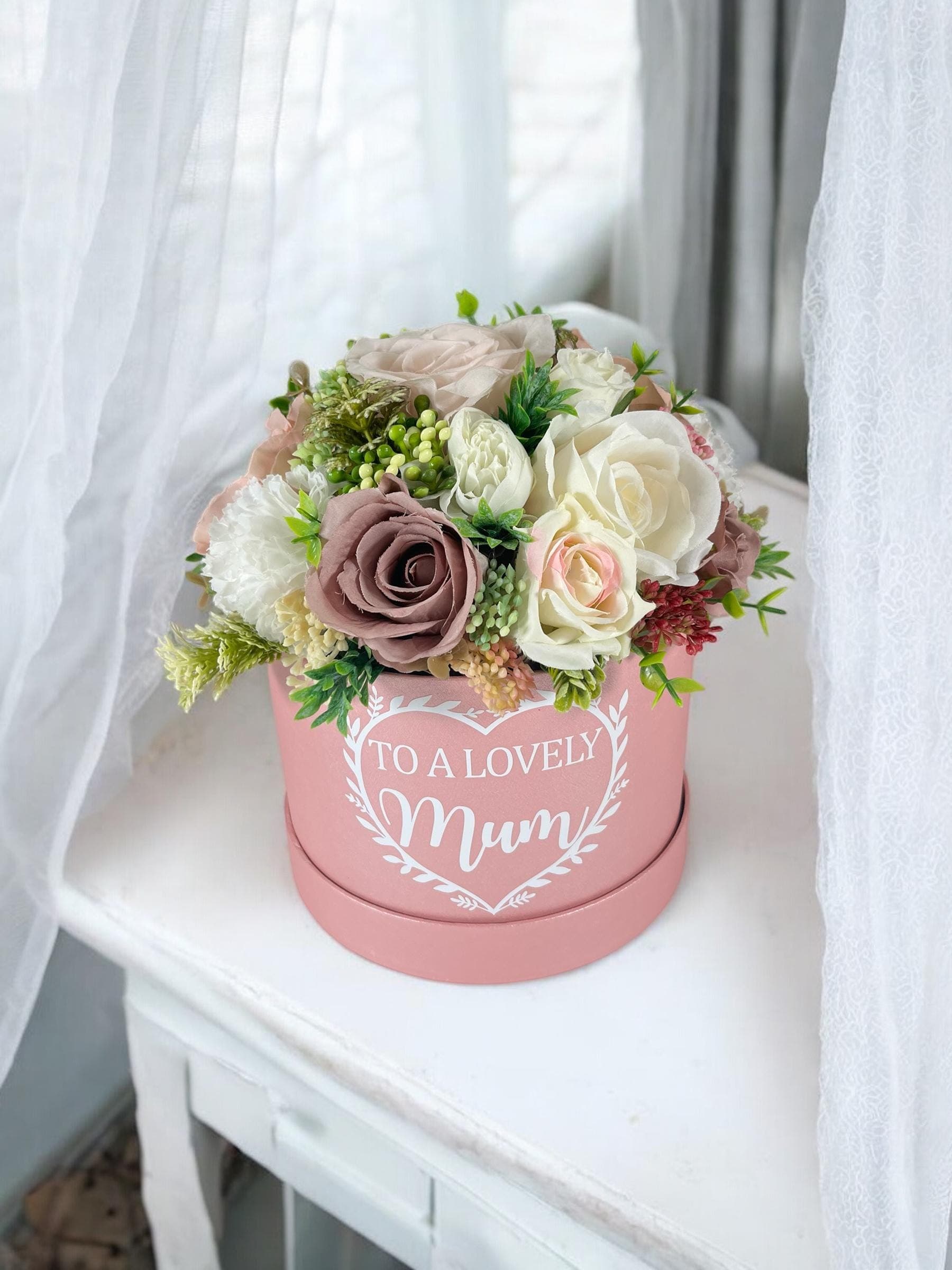 To a lovely Mum Artificial Floral Hat Box Bouquet