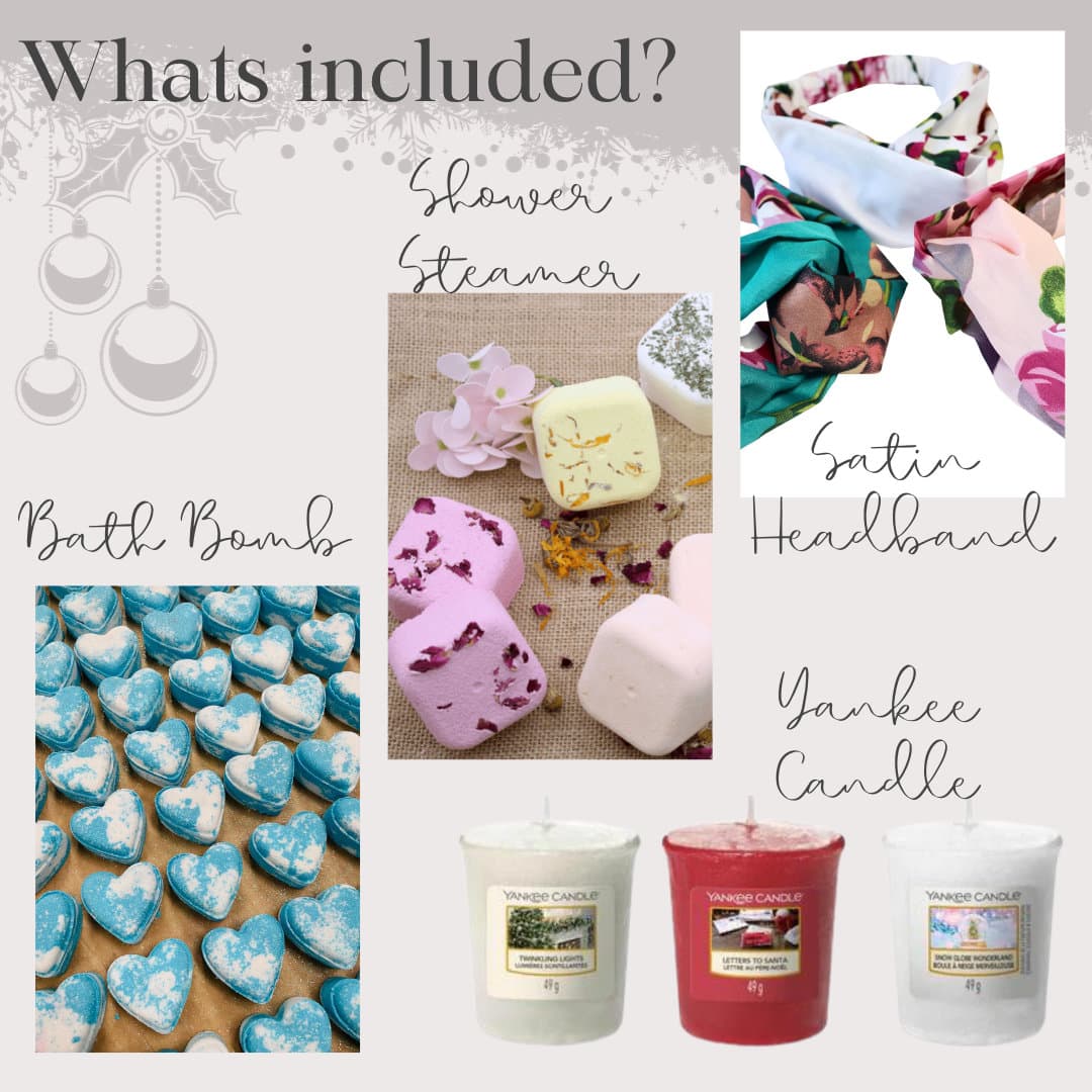 WHATS INCLUDED

BATH BOMB
SHOWER STEAMER
SATIN HEADBAND
YANKEE CANDLE