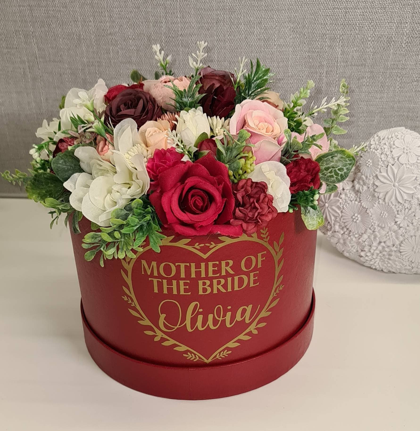 Personalised Floral Hat Box, Mother of Bride Gift, Silk Flower Centrepiece