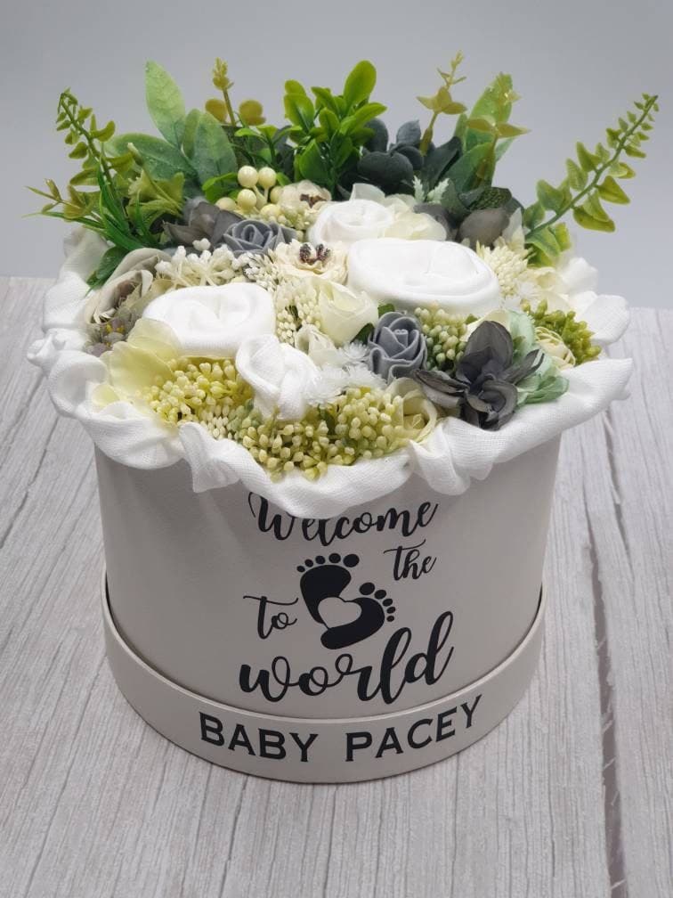 Unisex Baby Bouquet, Floral Hat Box, Personalised Baby Shower Gift - image 4