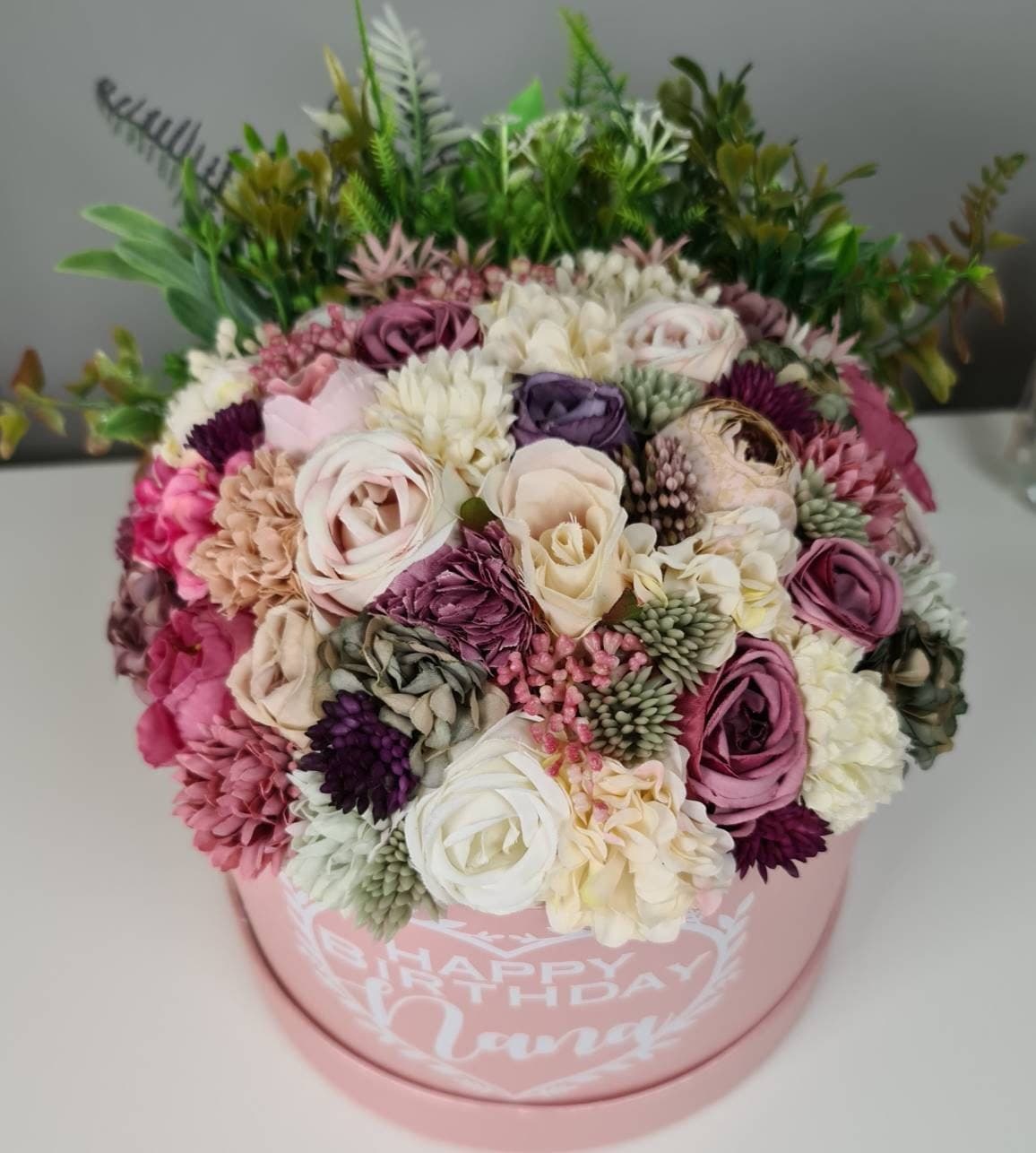 Silk Flower Hat Box Bouquet, Personalised Gift - image 4