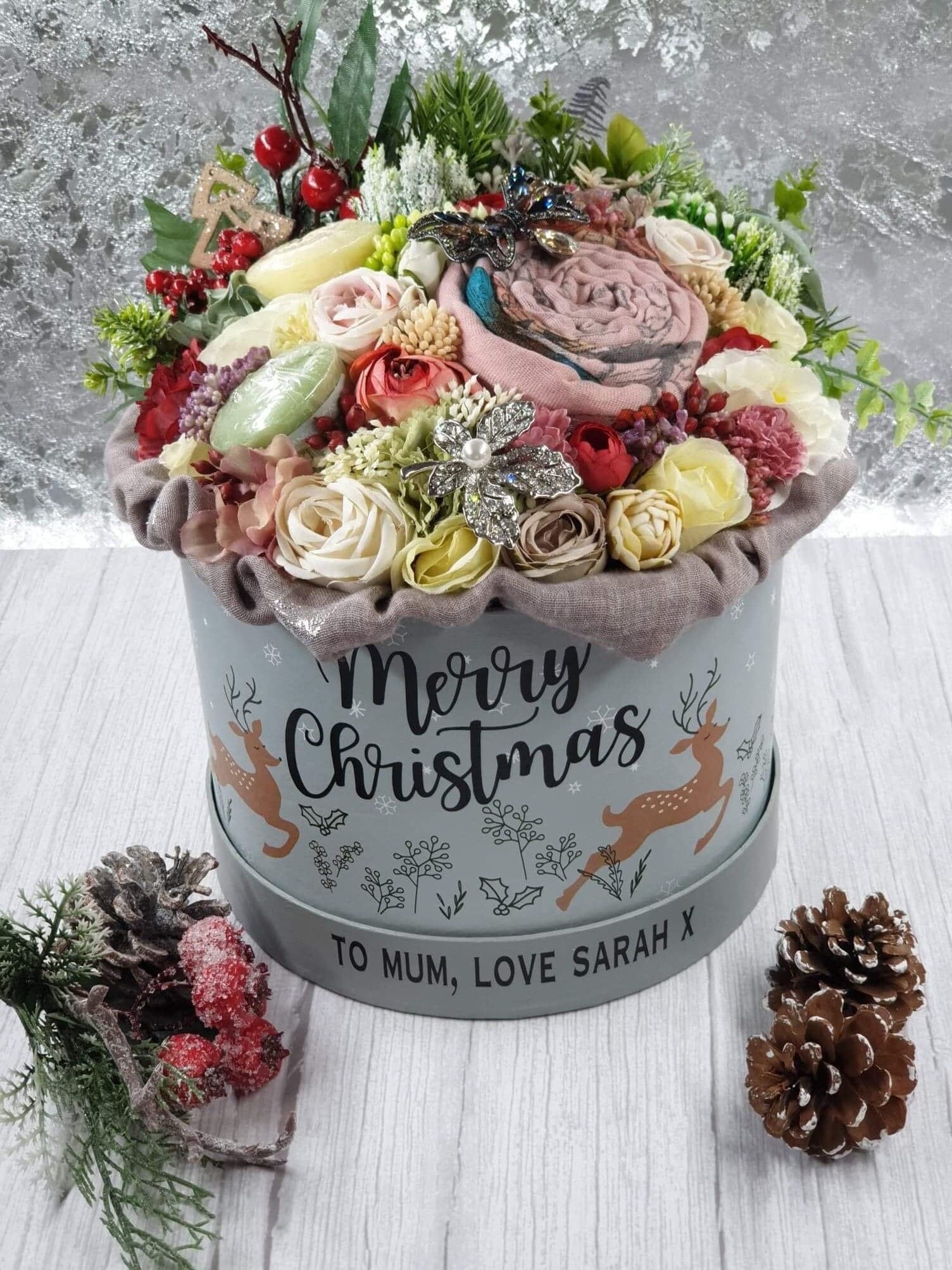 Personalised Scarf & Brooch Bouquet – Christmas Gift for Mum or Nan – Gift Box with Candle - image 4