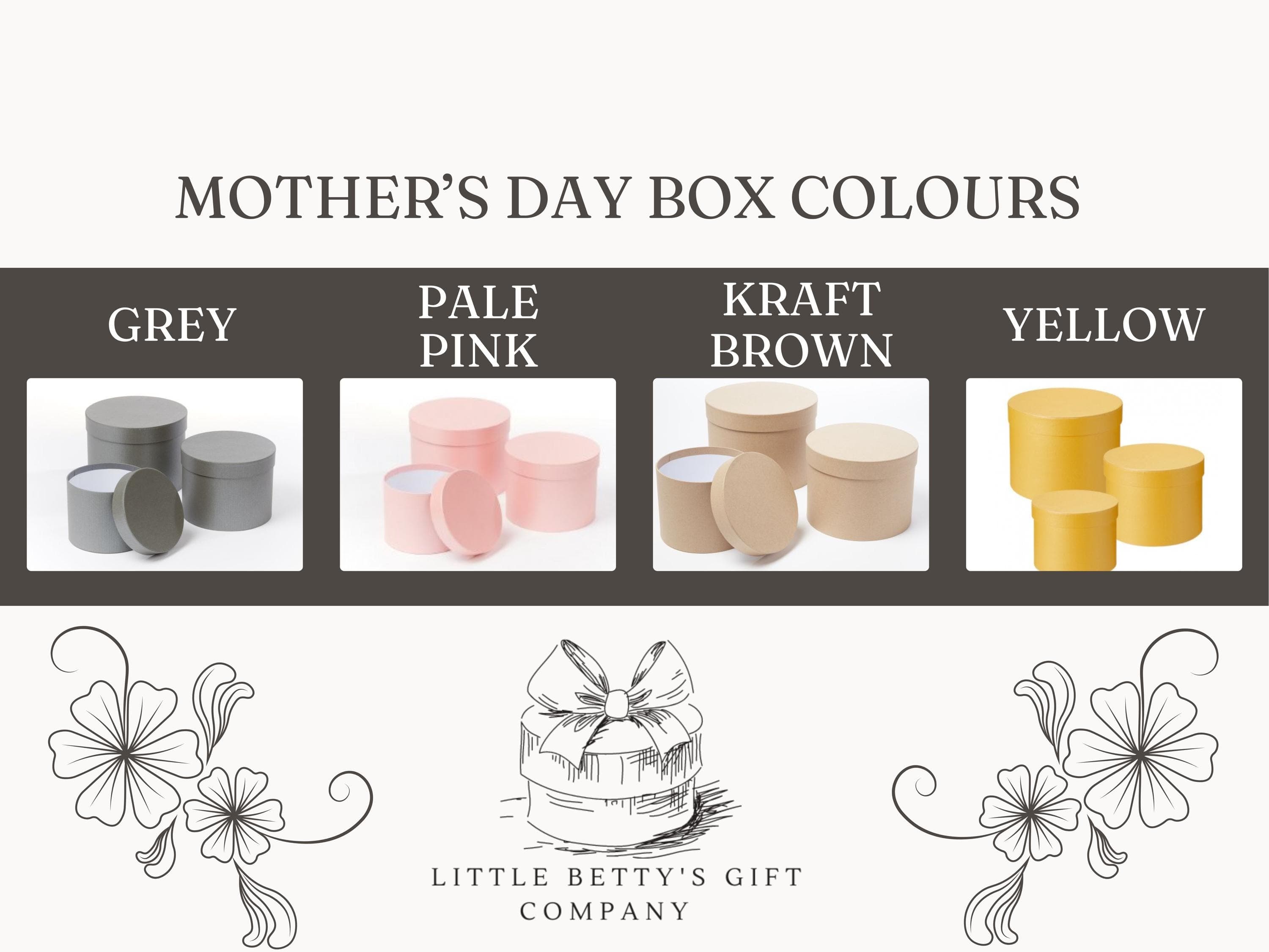 Hat Box Colours Grey Pale Pink Kraft Brown Yellow