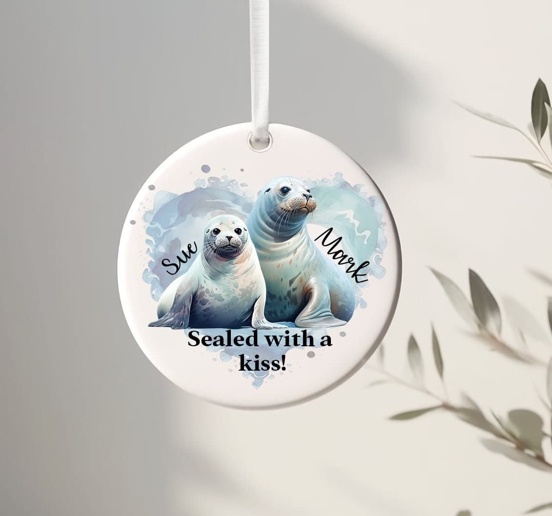 Personalised Ceramic hanging ornament - sealed with a kiss design