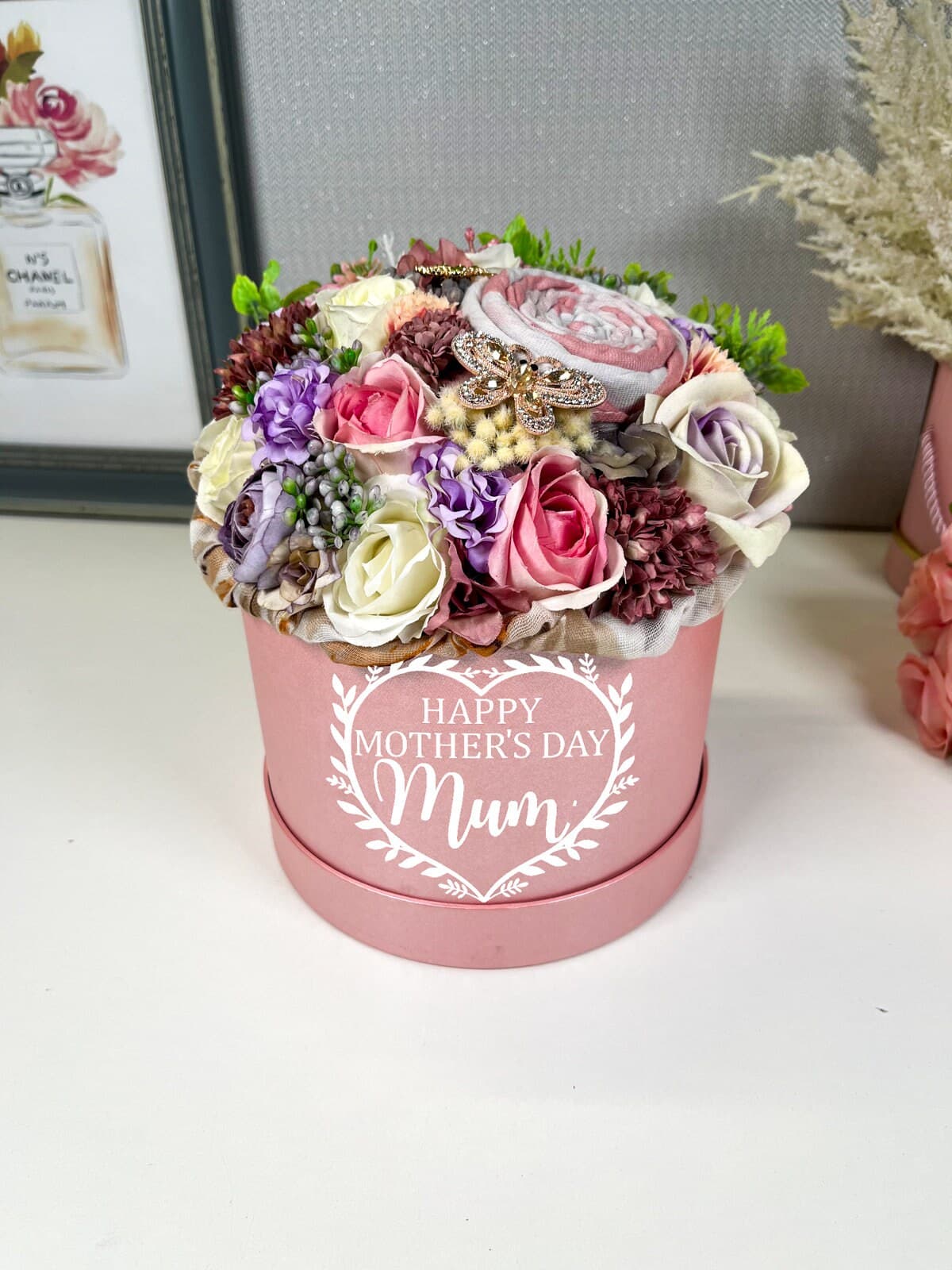 Personalised Mother's Day bouquet with scarves and brooches . Artificial flowers Pink colour way