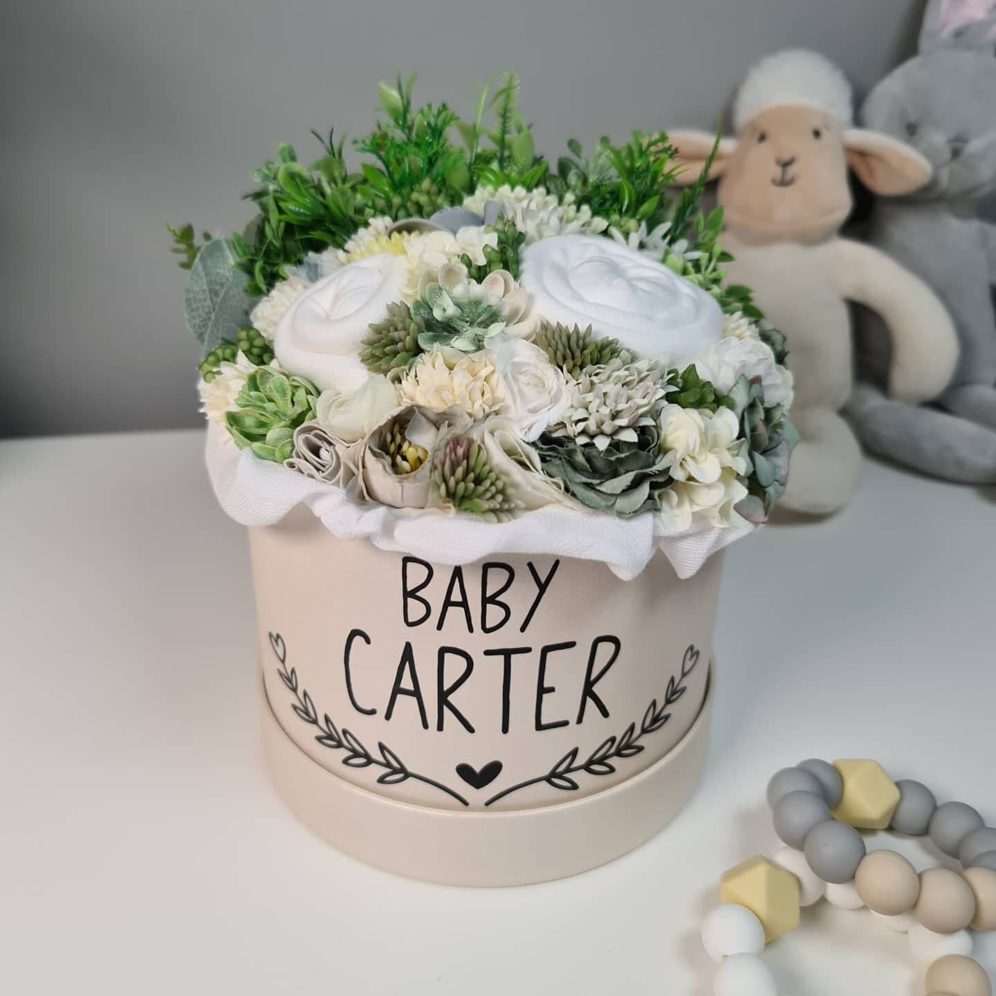 Unisex Baby Bouquet, Floral Hat Box, Personalised Baby Shower Gift - image 5