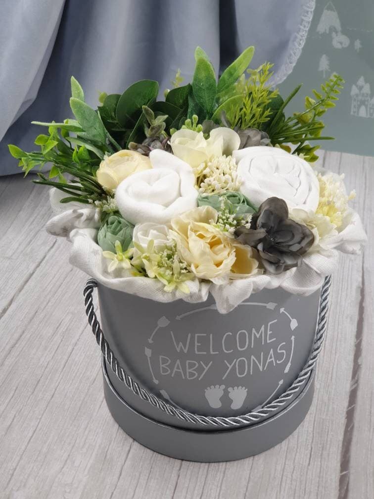 Unisex Baby Bouquet, Floral Hat Box, Personalised Baby Shower Gift - image 3