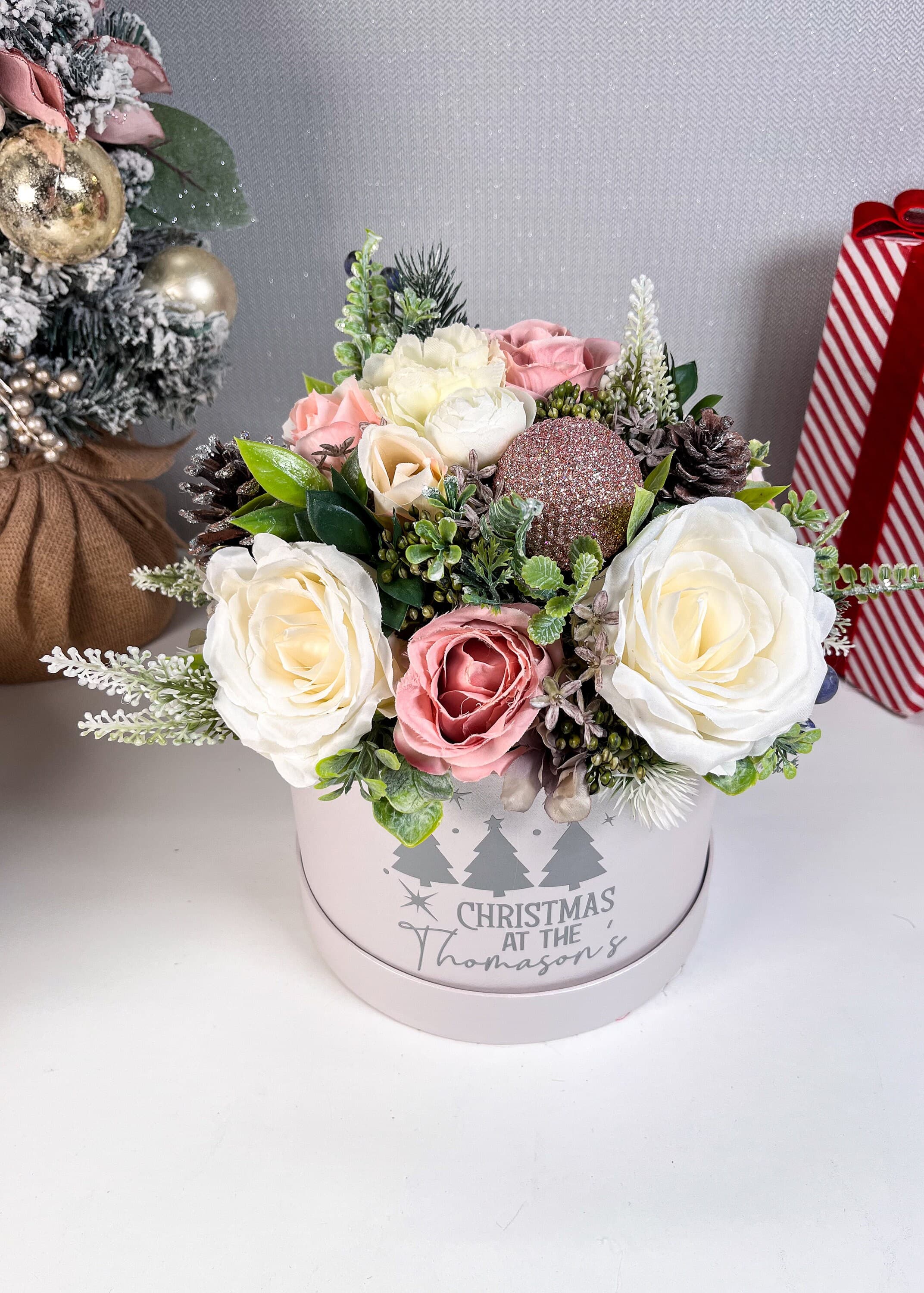 Christmas Flowers, Christmas Gift, Personalised Christmas Box, Artificial Flower display, Christmas Decor, Family Christmas Gift,