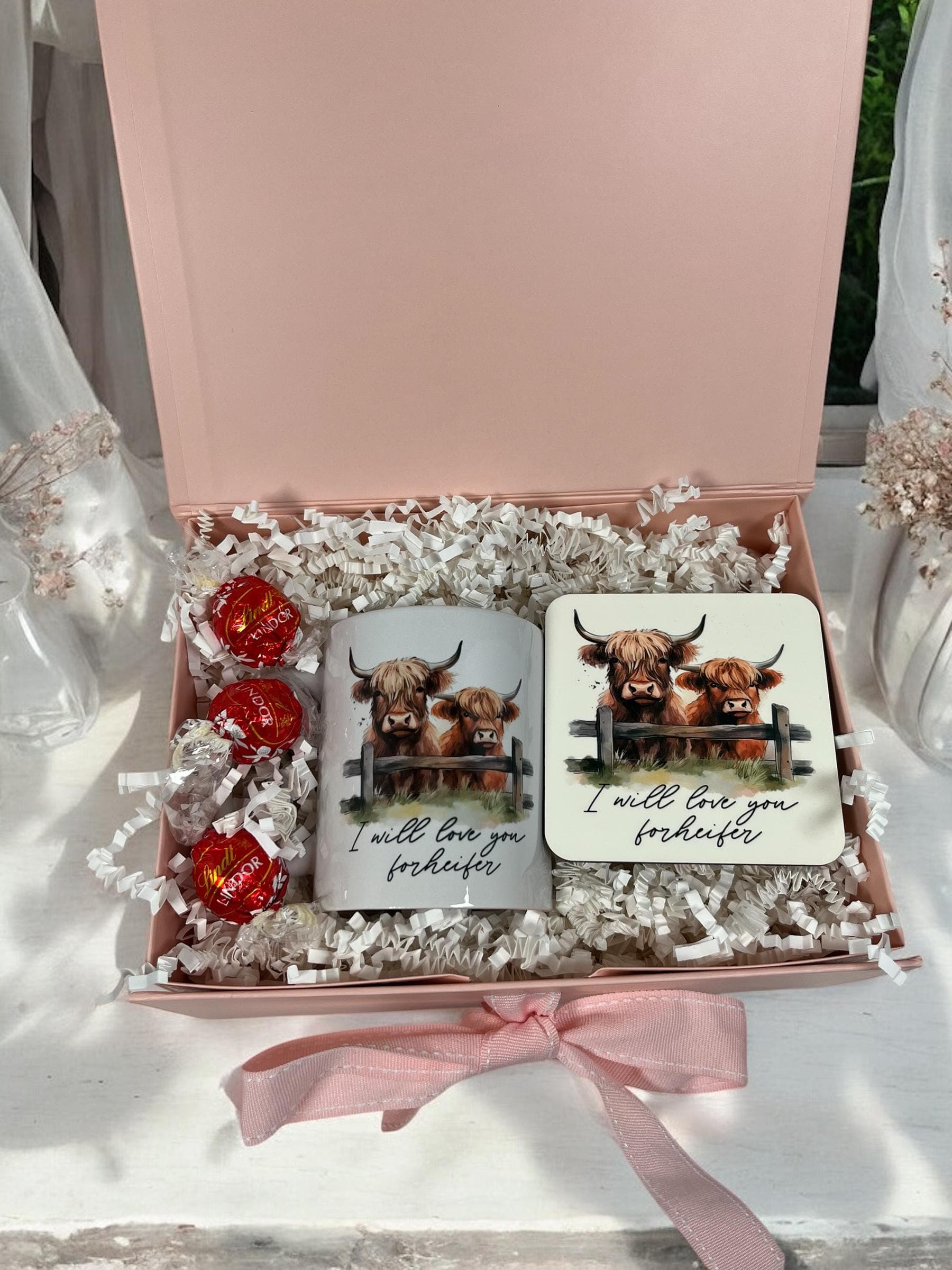 Personalised Highland Cow Gift Set: Mug, Coaster & Chocolates