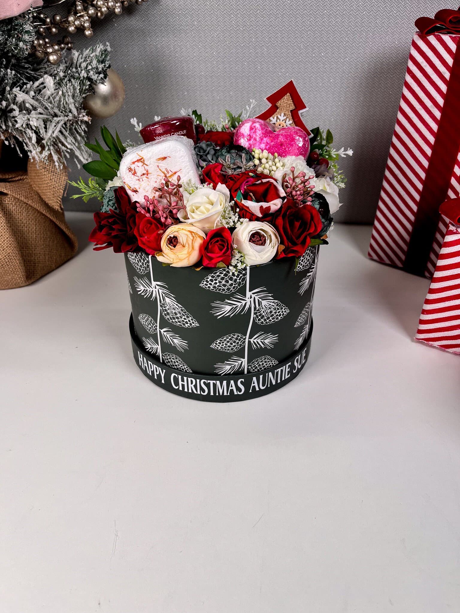 Personalised Christmas Pamper Gift Box, Candle, Flowers, Bath Bombs