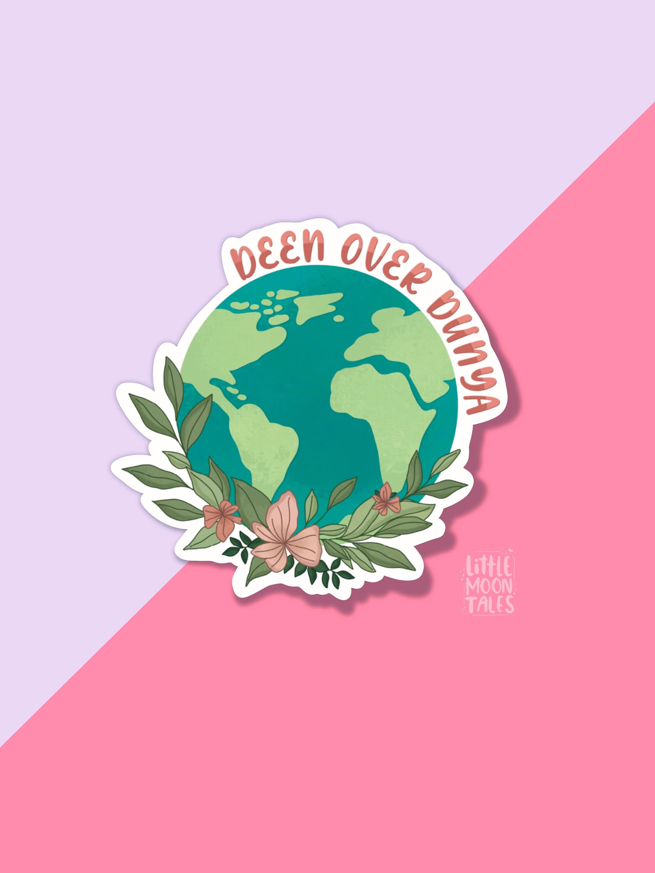 Deen Over Dunya Floral Earth Sticker, Islamic Muslim Vinyl Decal