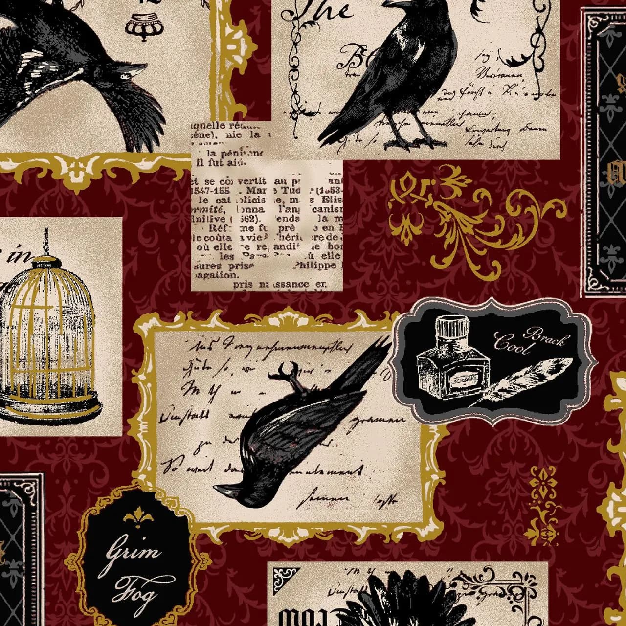 Japanese Fabric - Cosmo Textiles - The Black Crow - burgundy - broadcloth fabric