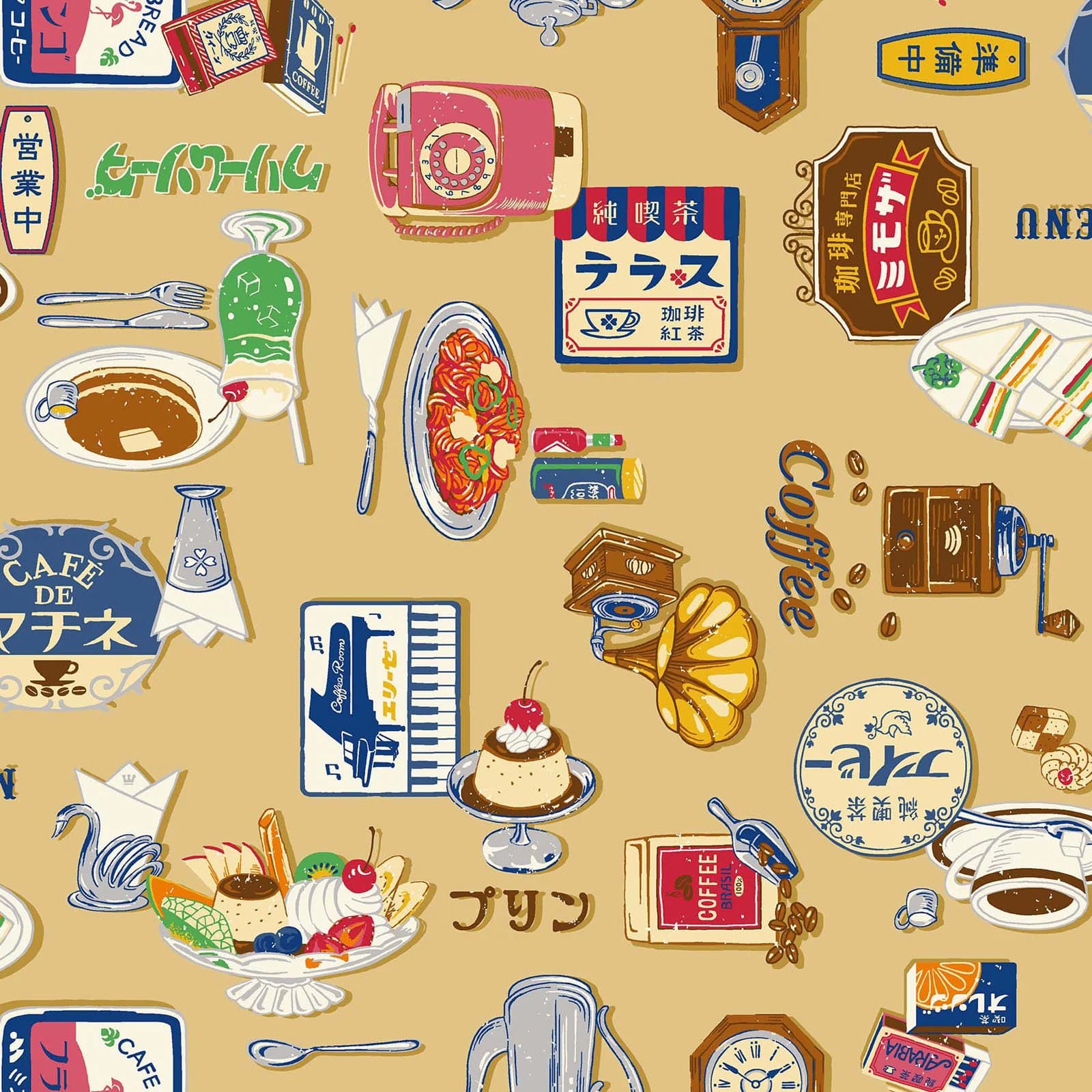 Japanese Fabric - Cosmo Textiles - Retro Japan Style- buff color - food fabric - cotton canvas