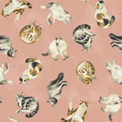 Japanese Fabric - Cosmo Textiles - Drawing by Pencil - Cats on Pink - Cotton Sheeting