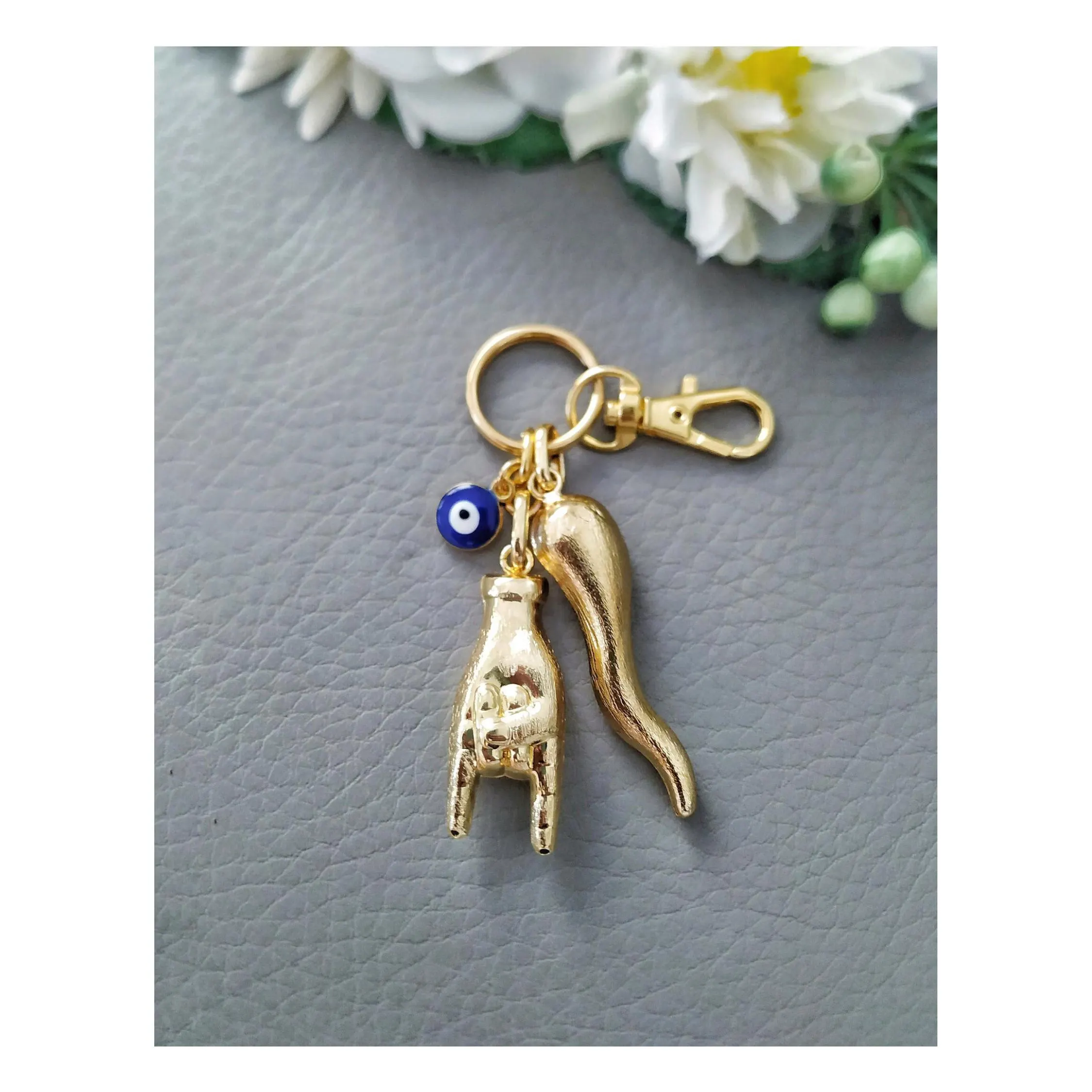 Italian Horn Keychain, Gold Maloik Hand, Mano Cornuto Bag Charm, Lucky Scaramanzia