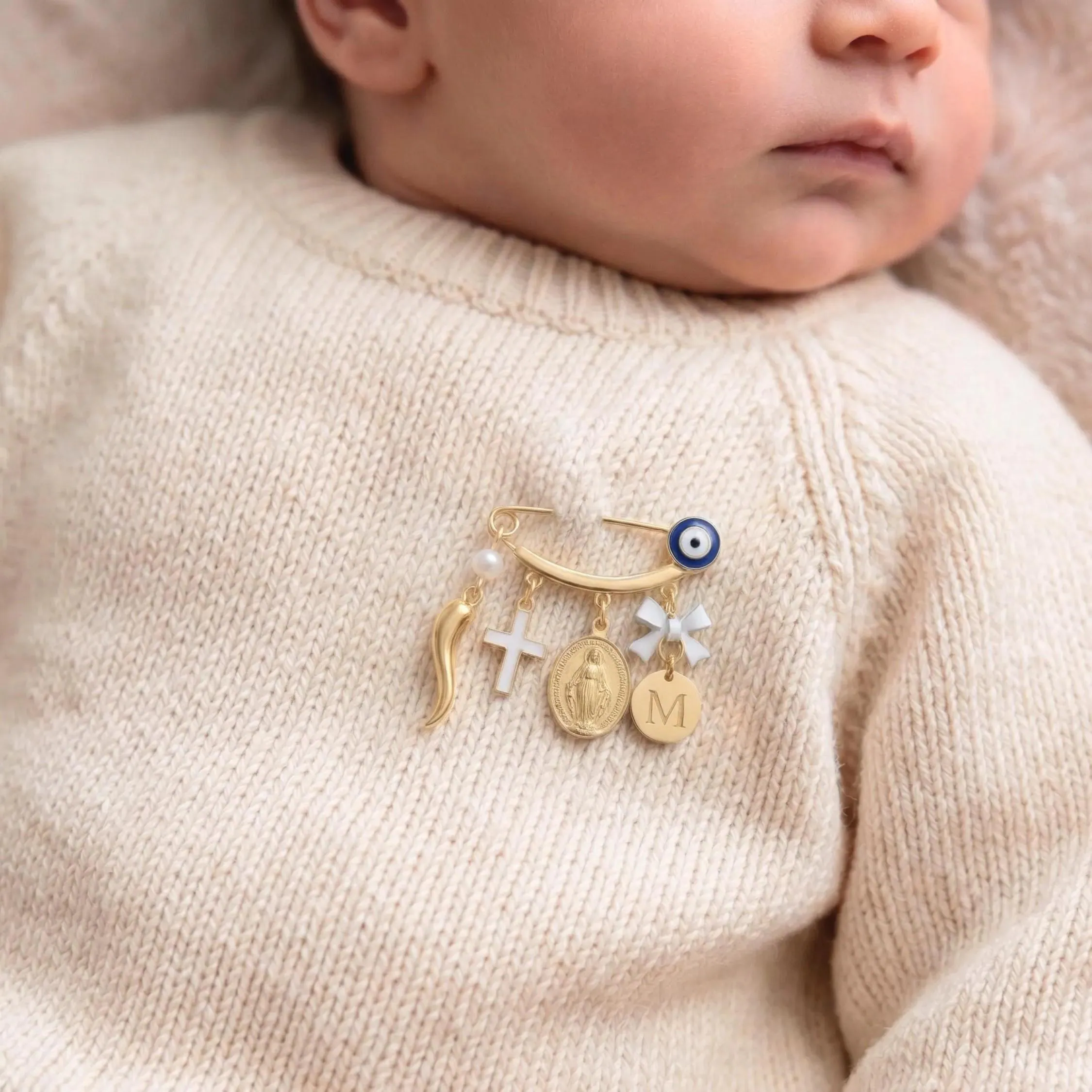Personalized Baby Pin, Gold Italian Horn Safety Pin, Virgin Mary Cross Baby Pin, Stroller Charm Gender Neutral, Italian Horn Cornicello - image 3