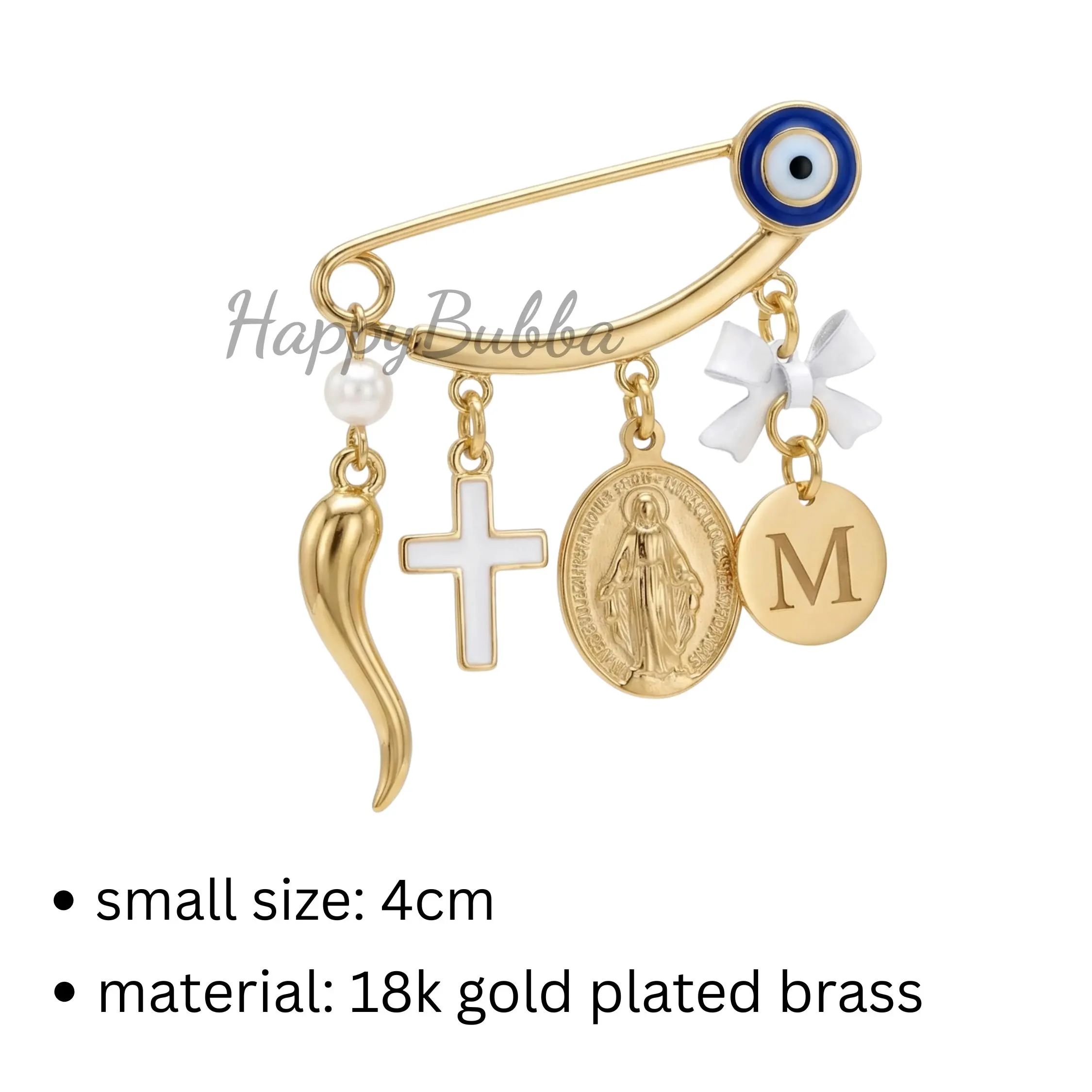 Personalized Baby Pin, Gold Italian Horn Safety Pin, Virgin Mary Cross Baby Pin, Stroller Charm Gender Neutral, Italian Horn Cornicello - image 5
