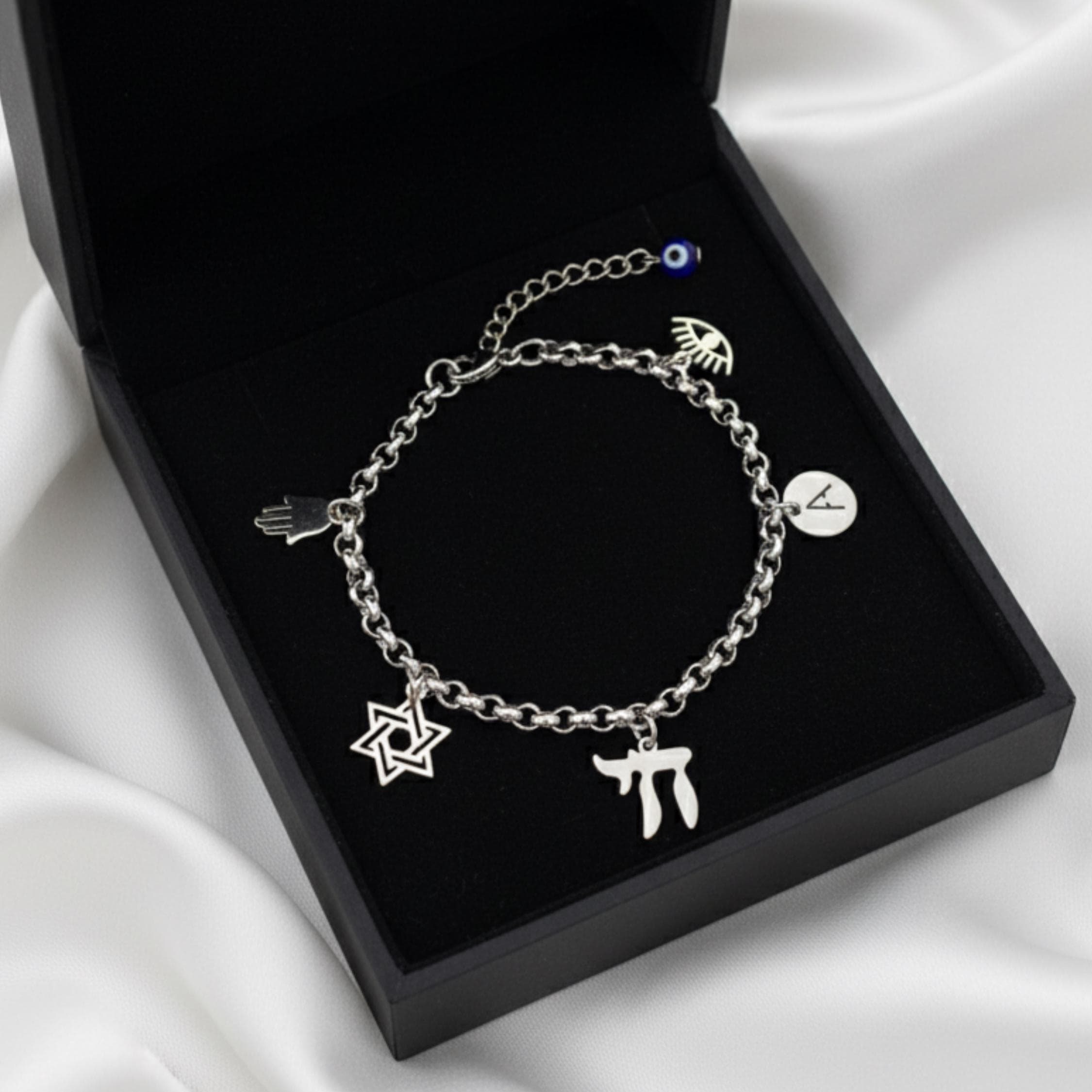 Hamsa Chai Charm Bracelet, Star of David Jewelry Tarnish Free
