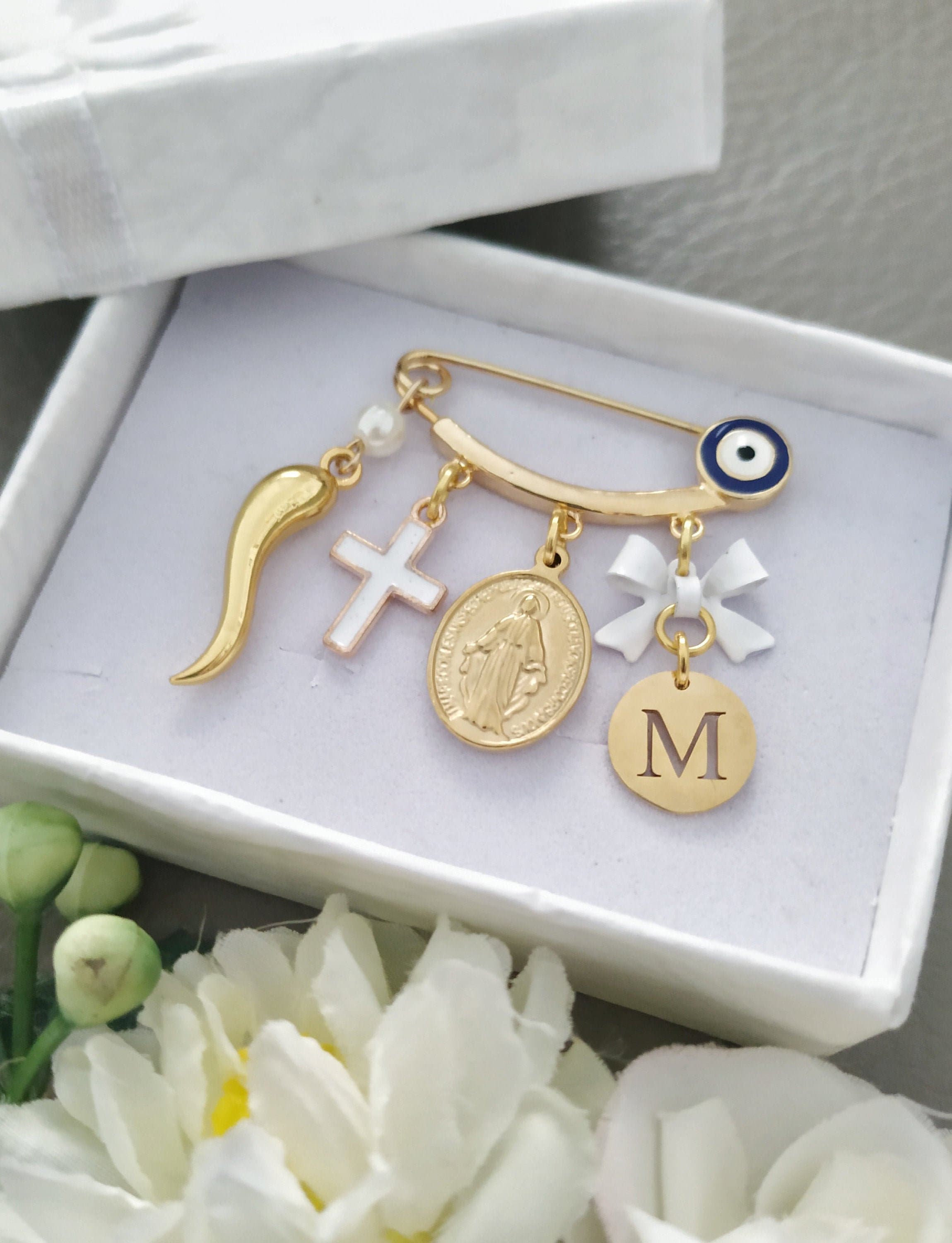 Personalized Baby Pin, Gold Italian Horn Safety Pin, Virgin Mary Cross Baby Pin, Stroller Charm Gender Neutral, Italian Horn Cornicello