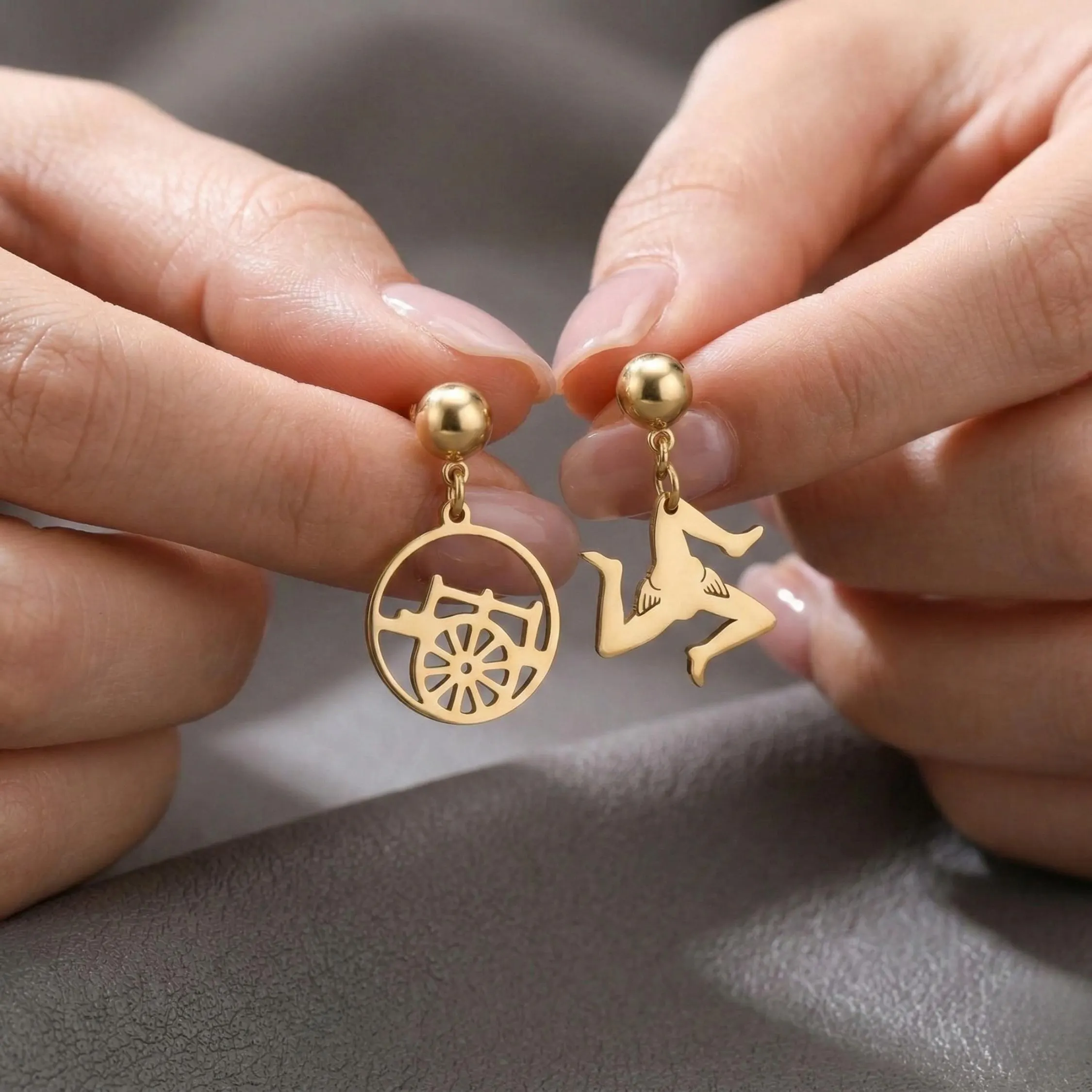 Sicilian Trinacria and wagon wheel traditional jewelry Earrings, Sicily Asymmetrical Ear Studs, 18k Gold Plated Waterproof Italian woman gift.