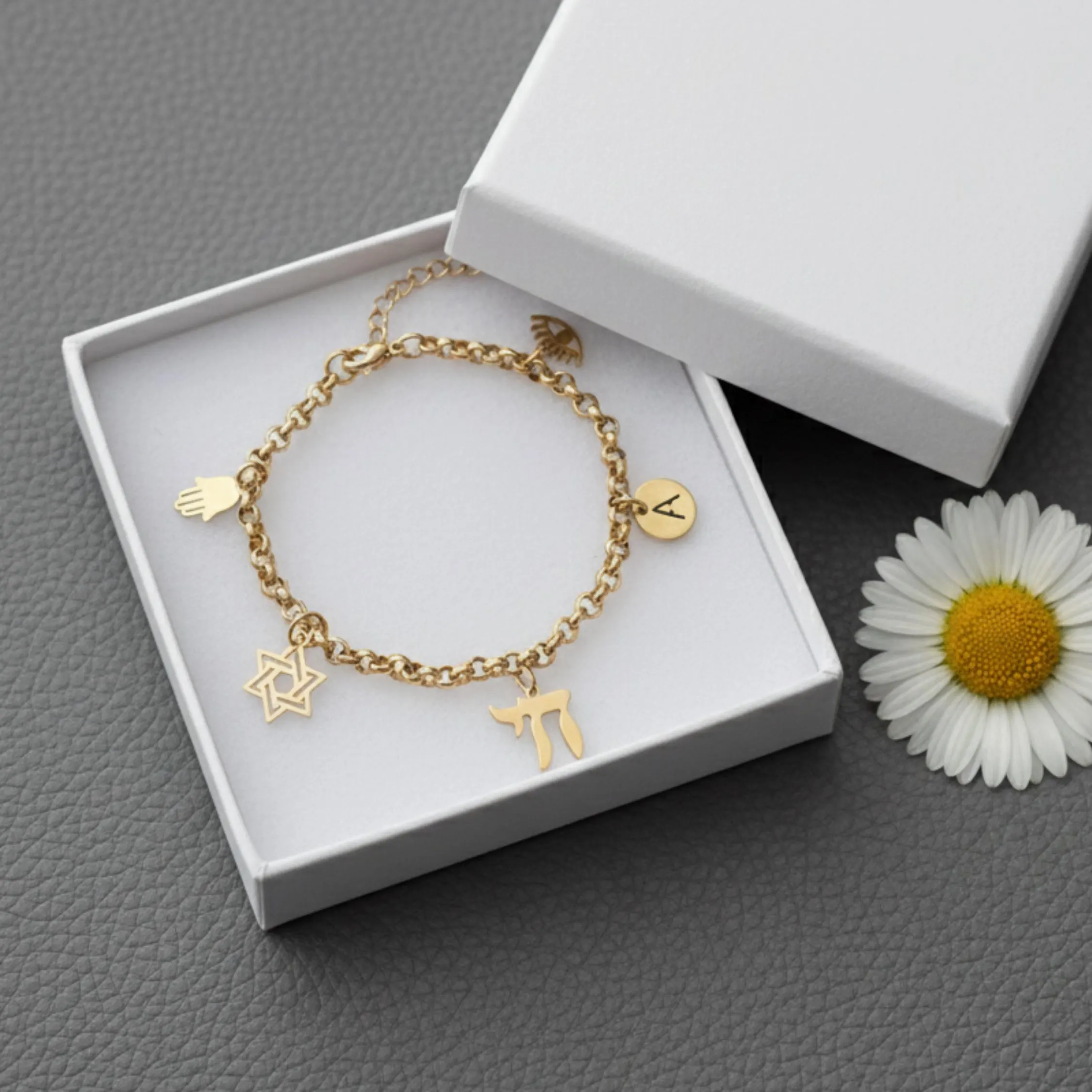 Hamsa Chai Charm Bracelet, Star of David Jewelry Tarnish Free