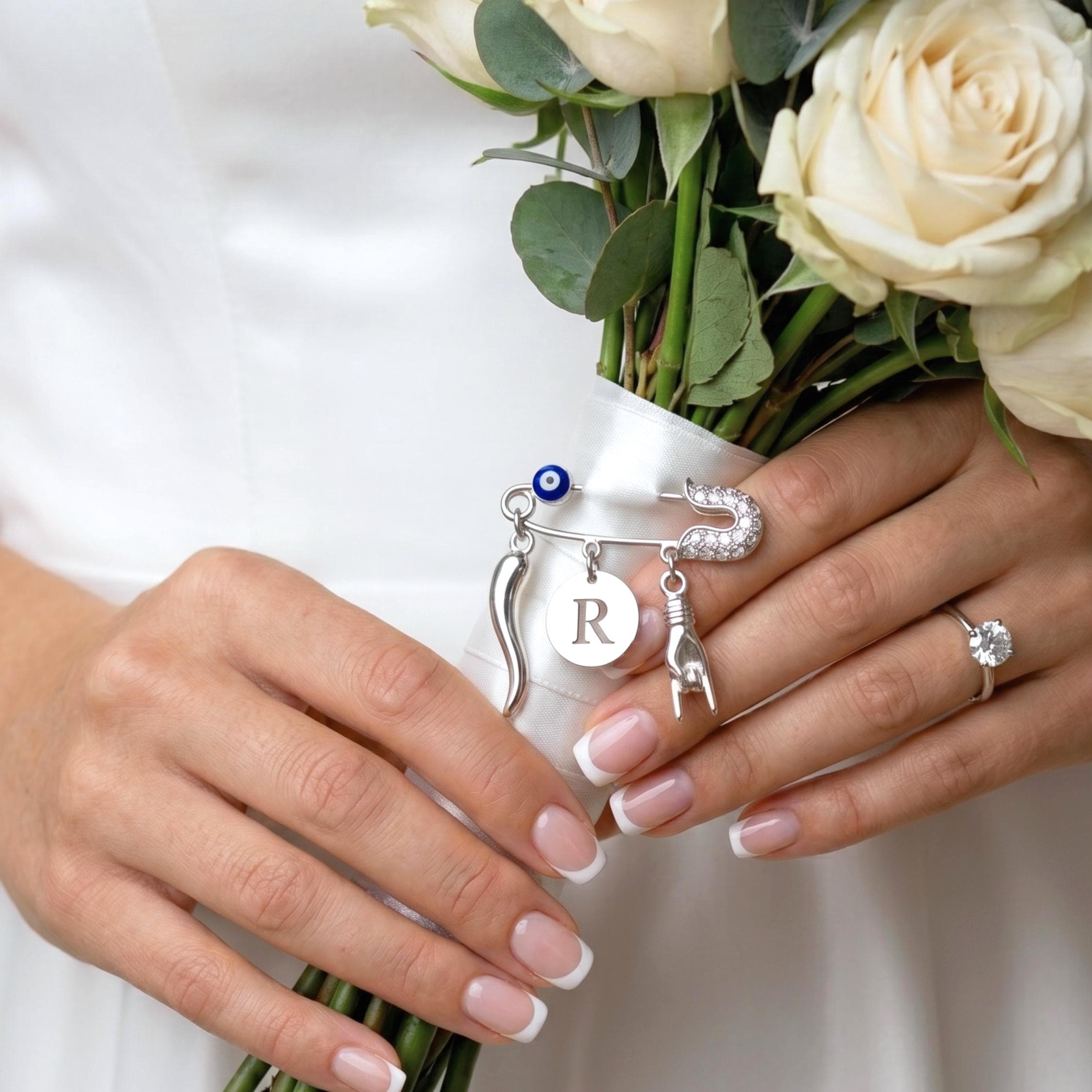 Bridal Pin with Italian Horn, Personalized Wedding Bouquet Charm, Mano Cornuta & Evil Eye